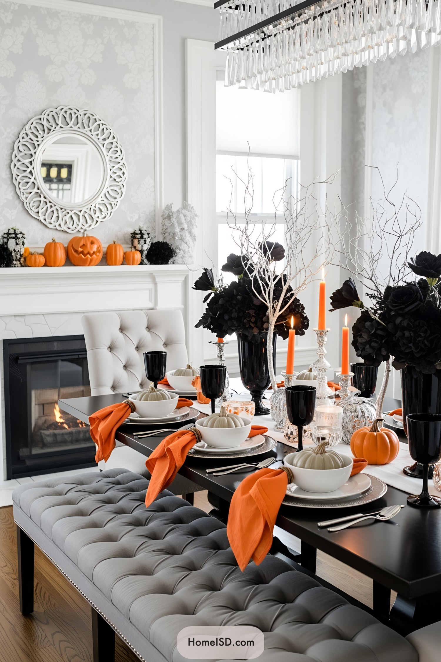 Chic Halloween dining setup with pumpkins and candles