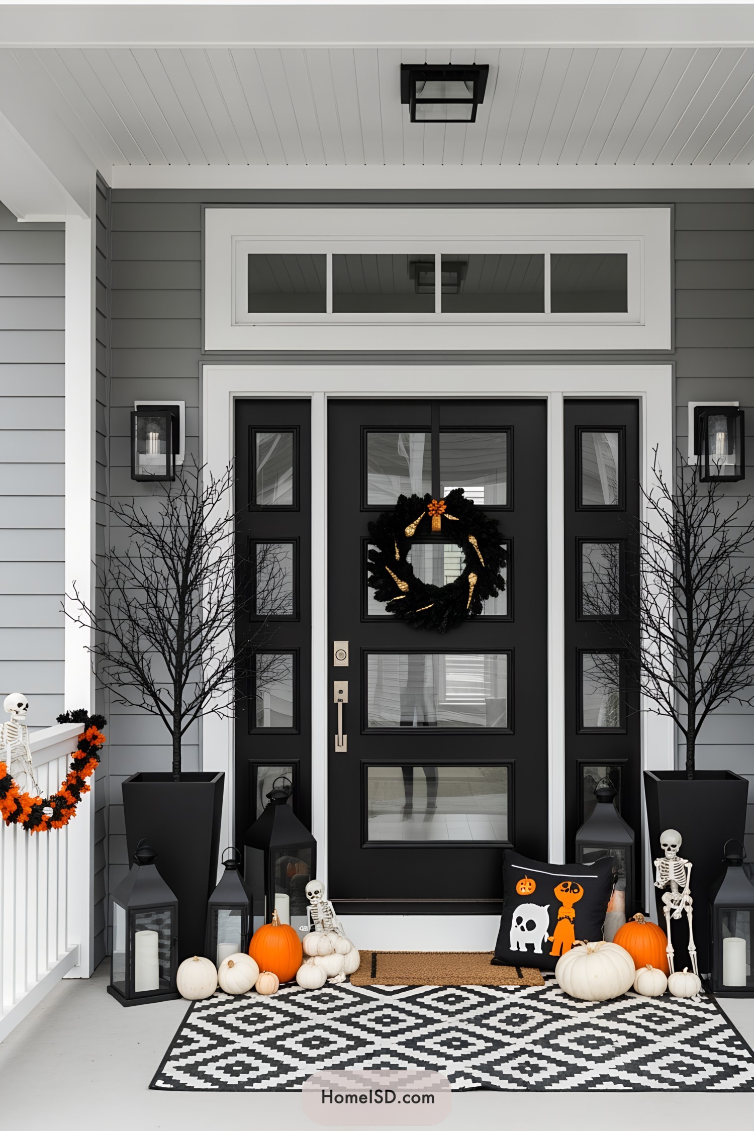 Stylish Halloween-themed porch with pumpkins and skeletons