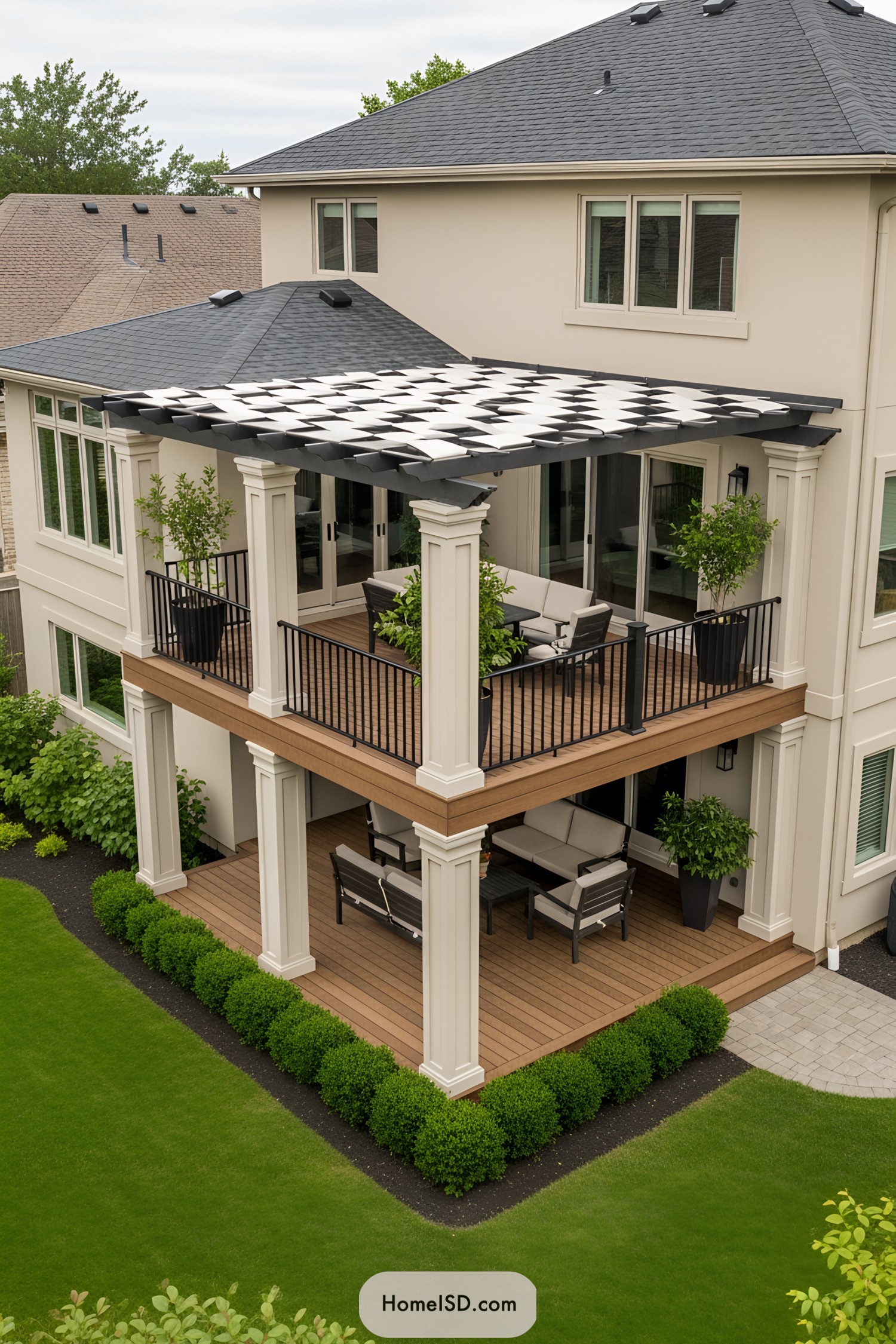 Two-Level Deck with White and Black Pergola