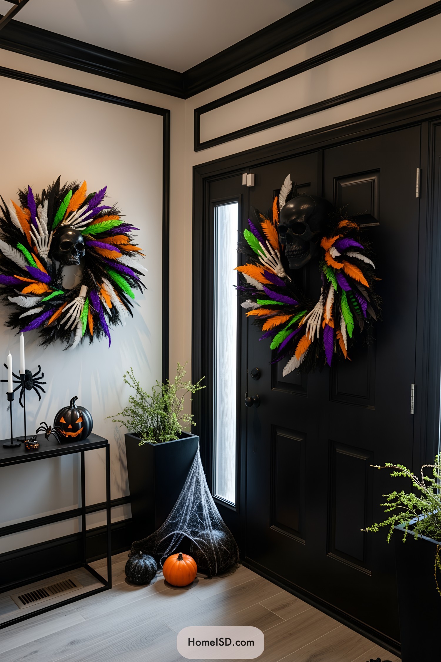 Halloween wreath with colorful feathers and skull