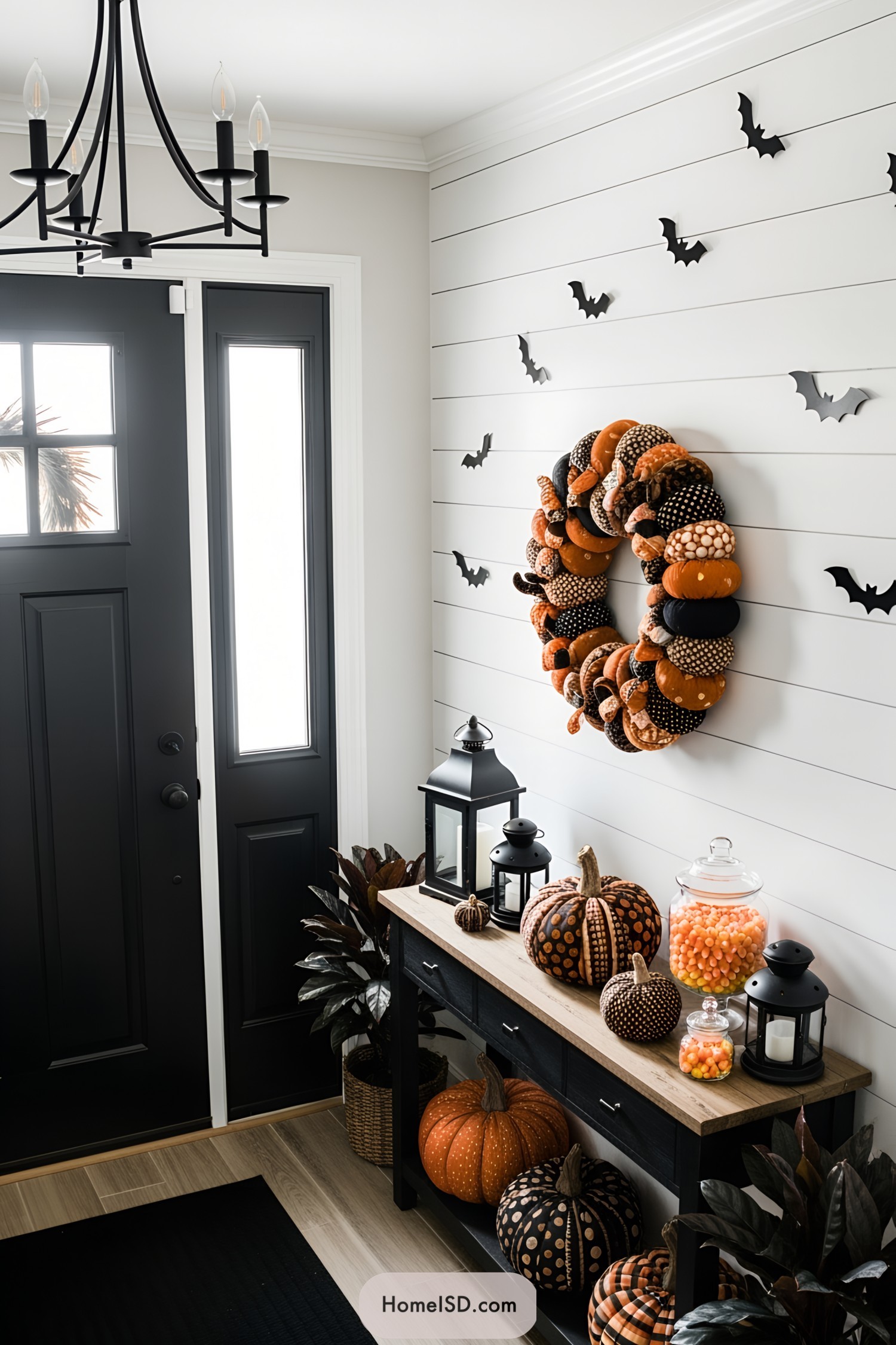 Halloween-themed wreath with pumpkins and bats on a white wall