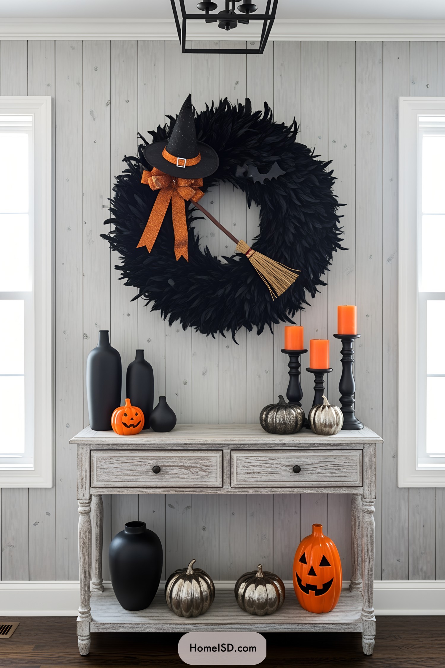 Halloween wreath with witch hat and broom