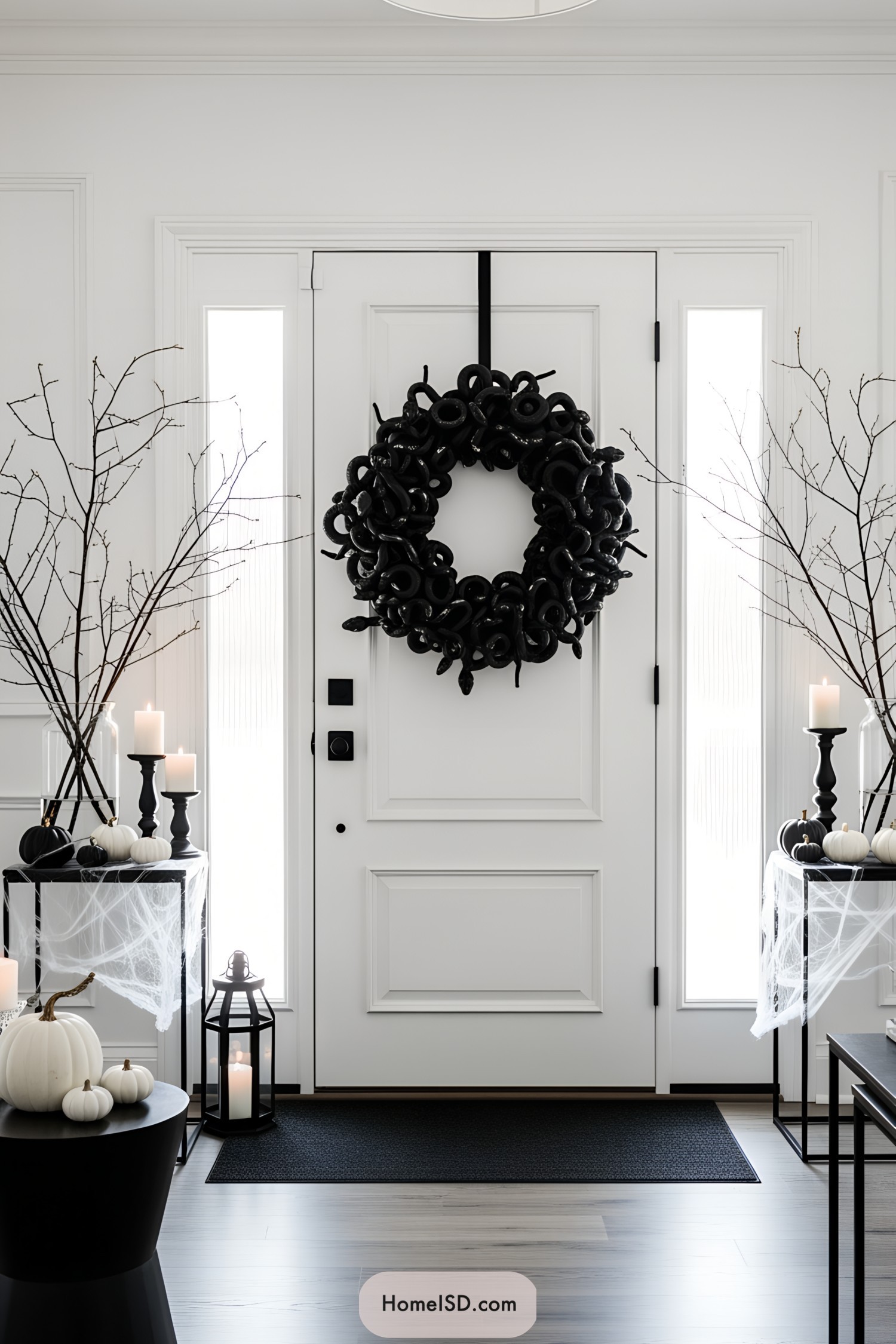 Black wreath with eerie decor and candles