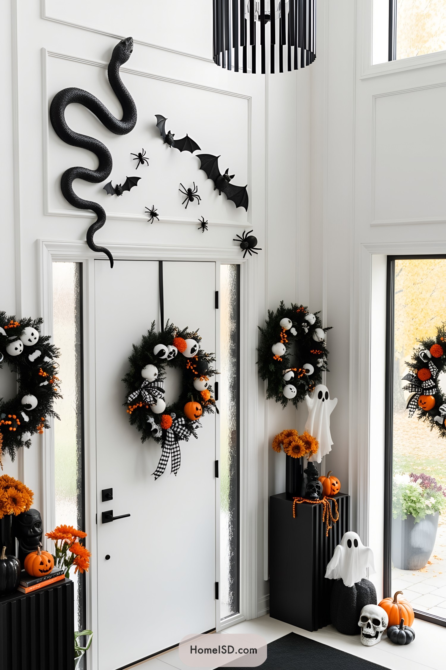 Halloween-themed door with wreaths, bats, and pumpkins