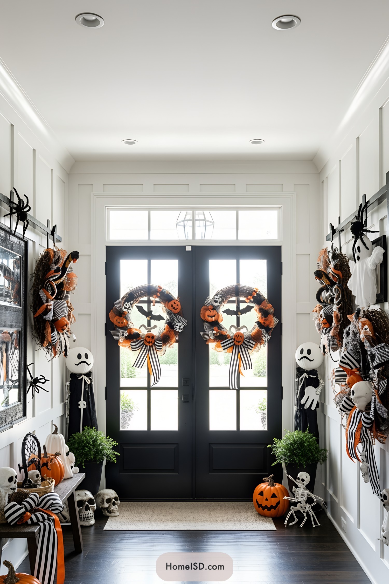 Halloween-themed entryway with wreaths, pumpkins, and skulls