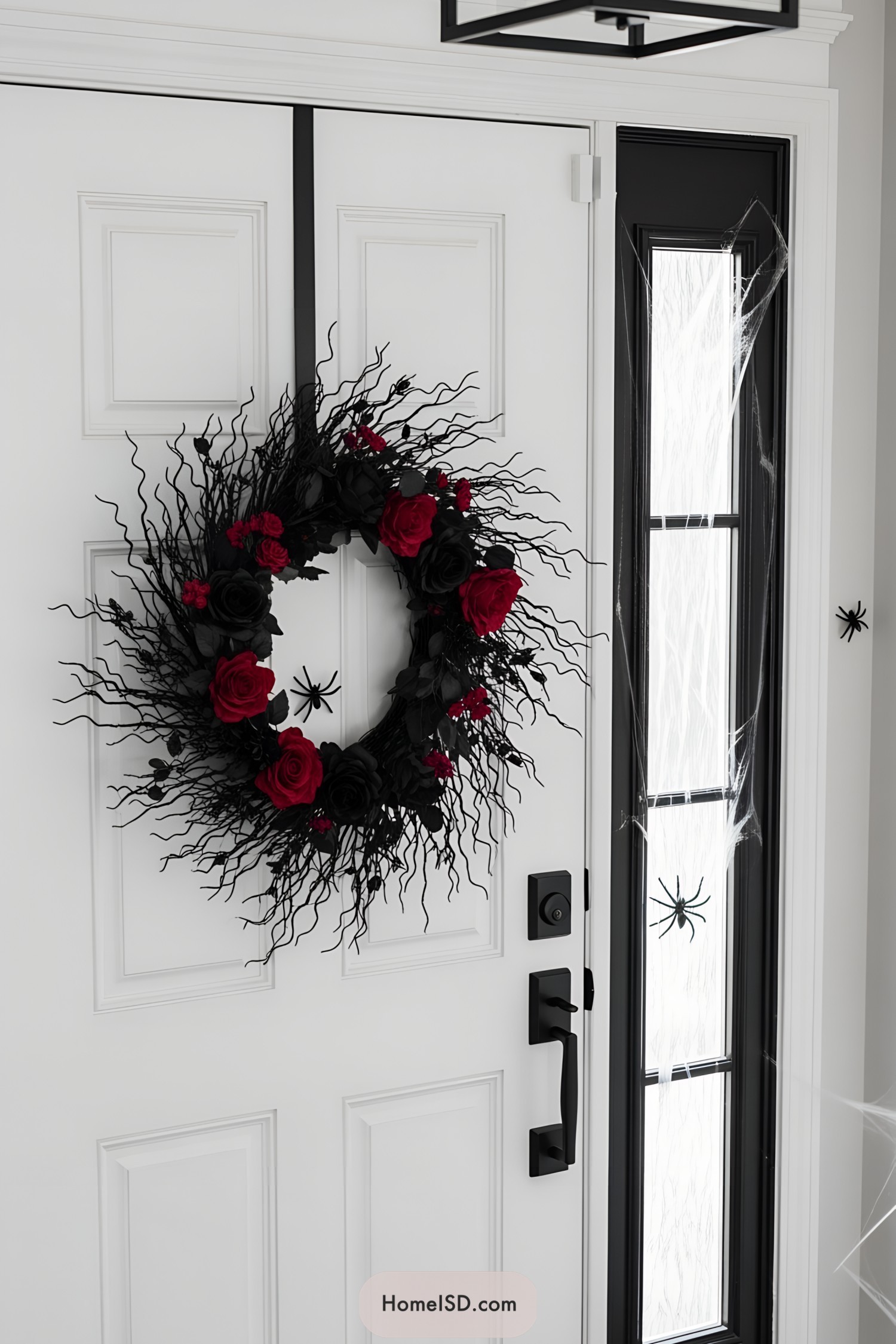 Black and red wreath with roses on a white door decorated with spider webs