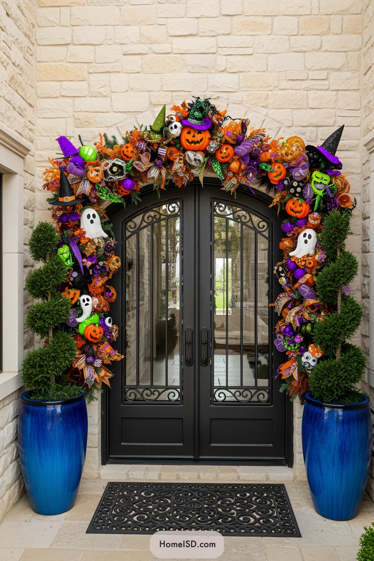 A festive Halloween garland decorates a doorway