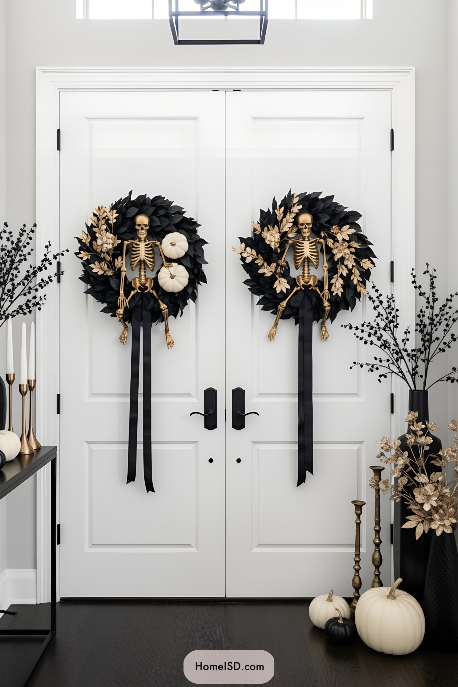 Halloween Skeleton Wreaths on Double Doors