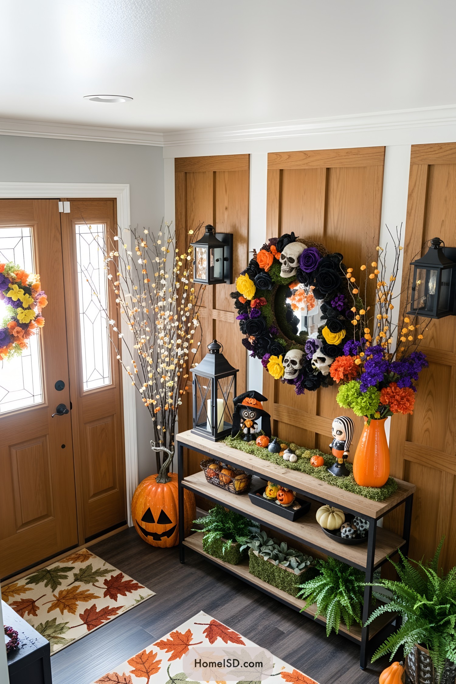 Halloween-themed entryway with colorful wreaths and spooky decorations