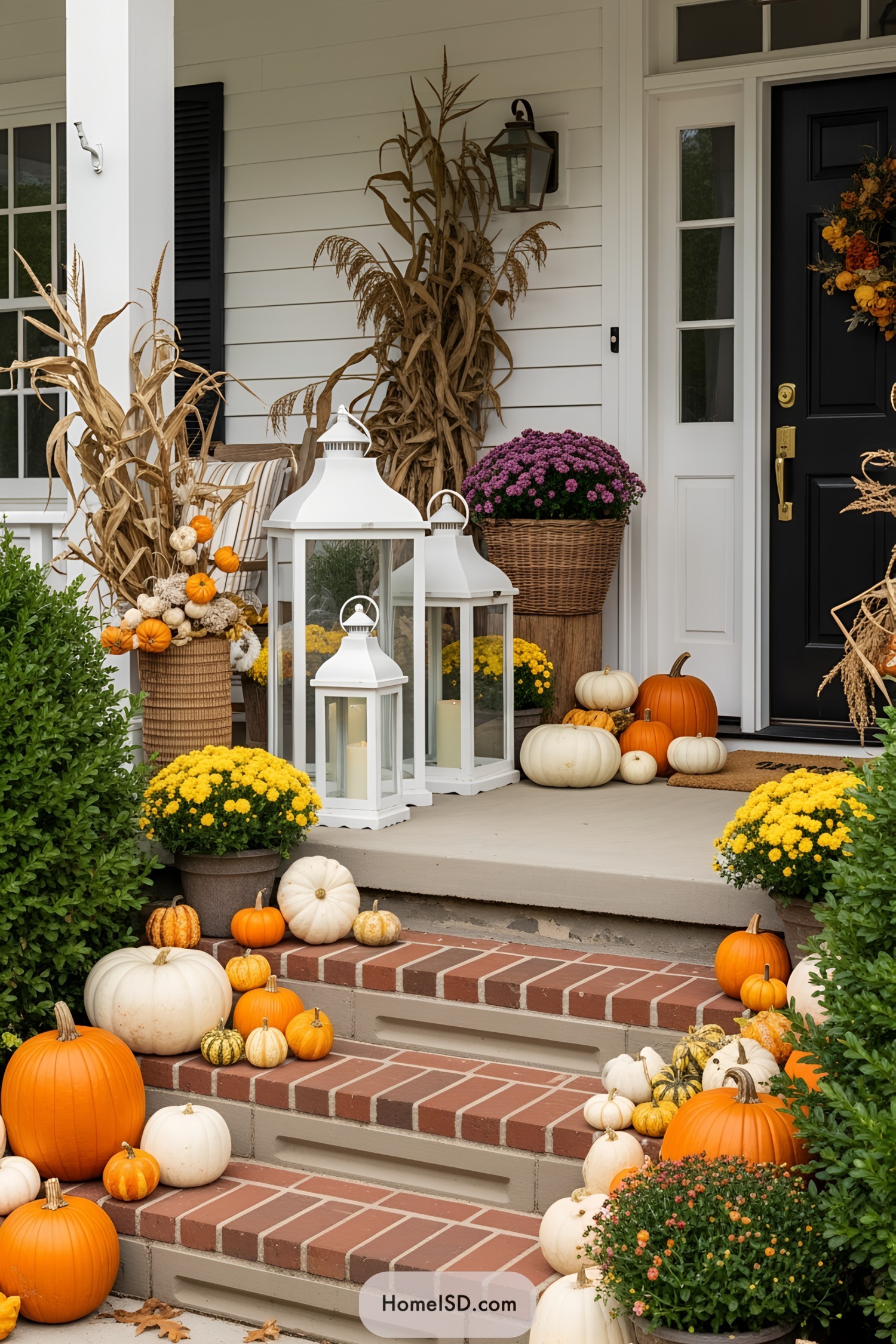 Autumn-themed porch with pumpkins and lanterns