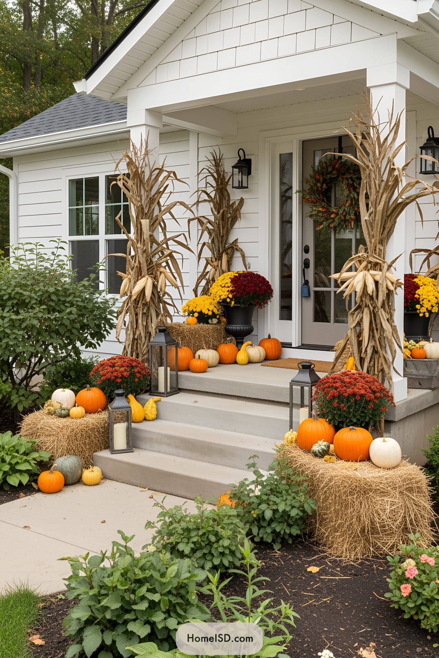 Festive autumn porch with pumpkins and flowers