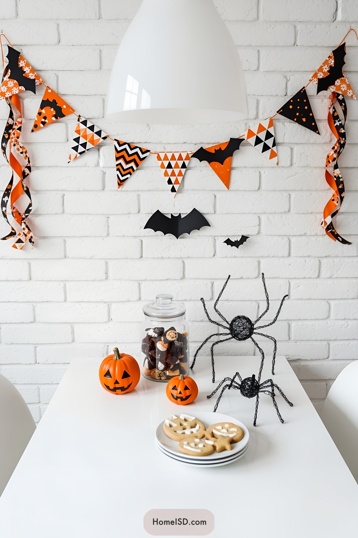 Festive kitchen or dining nook with a playful Halloween theme, modern and bright casual style. Color palette features white, orange, and black. White painted brick wall serves as backdrop, lending texture and light, with no windows in view. Smooth white tabletop surface supports the decor. Paper garlands in pennant and ribbon shapes, including black bat silhouettes and geometric orange, black, and white patterns, hang on the wall. Glass jar filled with Halloween-themed treats and a wire spider sculpture serve as accessories. Halloween-shaped cookies displayed on white plates add a whimsical touch. Minimalist furnishings, predominantly ceramic, glass, and lightweight metals. Clean and uncluttered ambiance. No visible plants. Ceiling not shown.