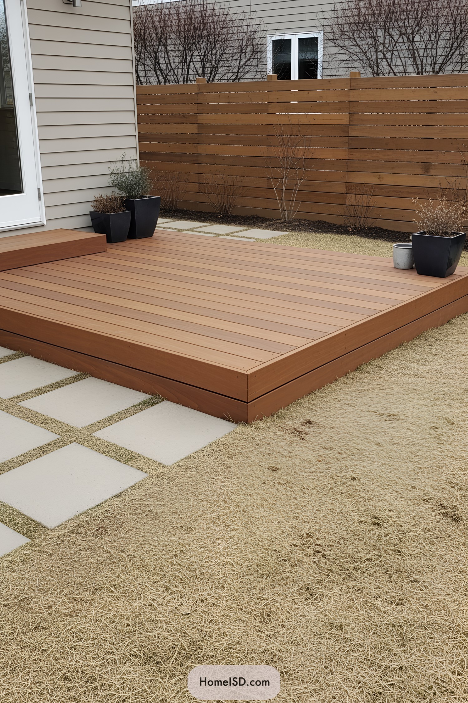 Simple wooden deck with potted plants