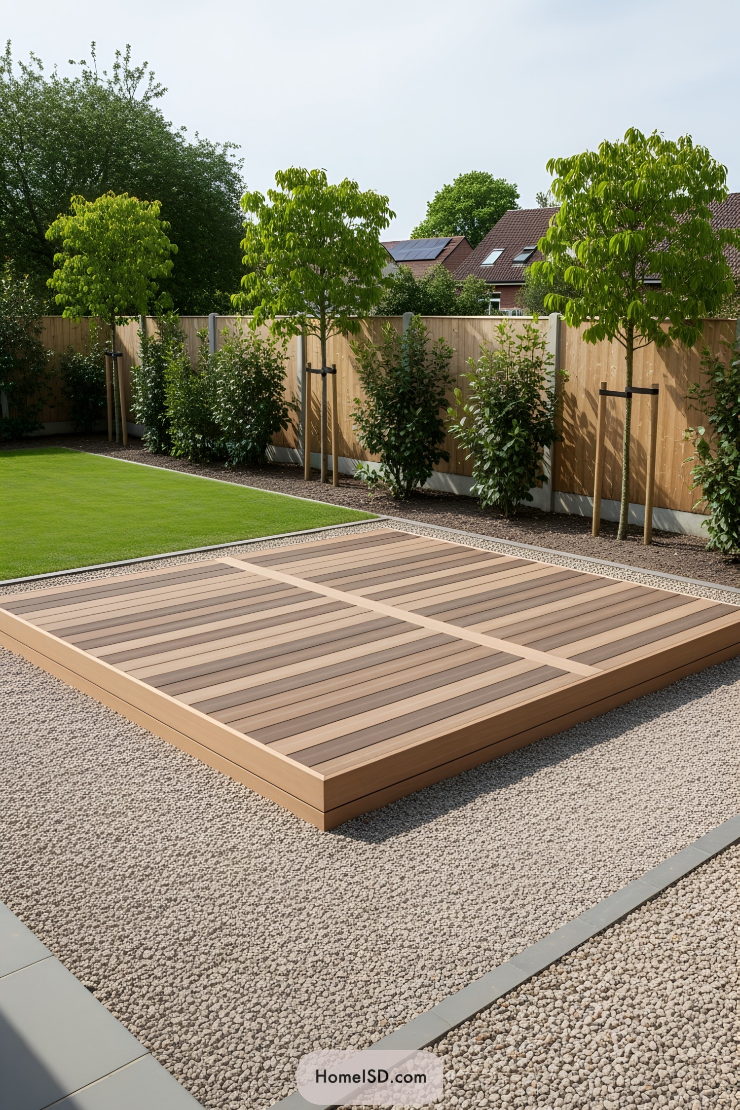 Neat wooden deck with pebble and grass surroundings