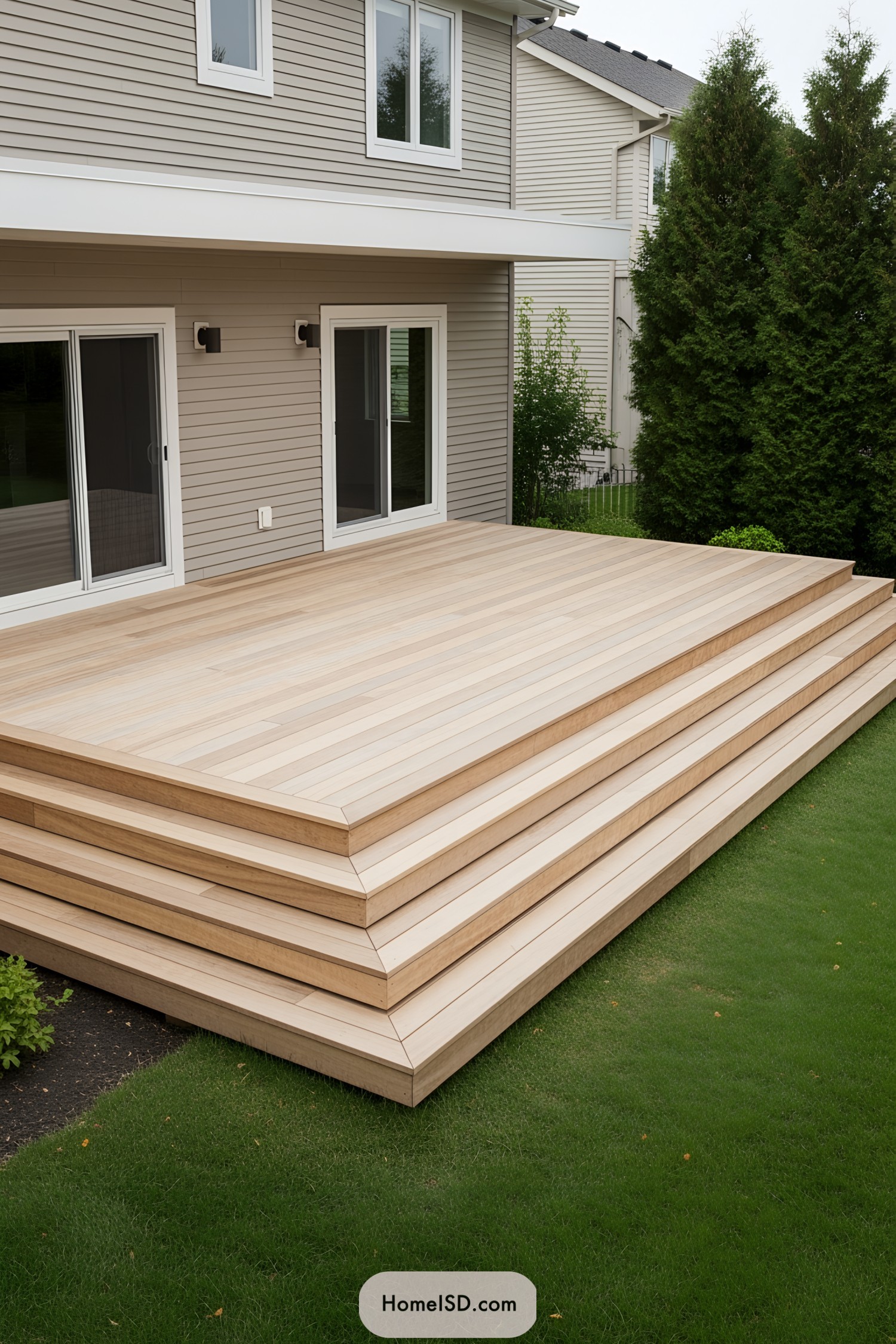 Smooth timber deck with stacked design in backyard setting