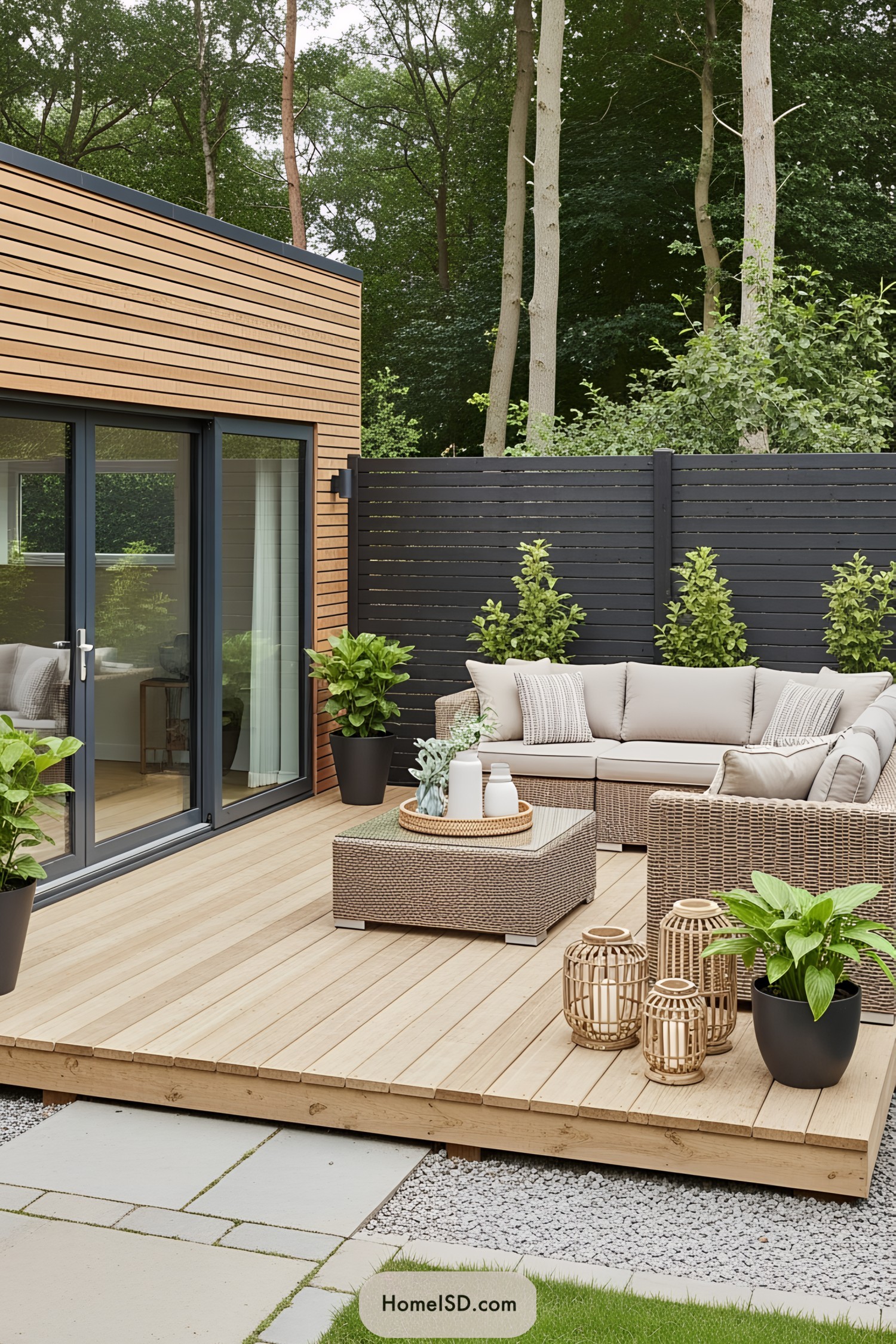 Floating deck outdoor area with a modern minimalist design, featuring a natural wood color theme. The deck is constructed from light timber planks, slightly elevated over a gravel base. Dark wooden horizontal fence encloses the space. Sliding glass doors connect to the house clad in horizontal wood siding. Furnishings include a large L-shaped wicker sectional with neutral cushions and a matching coffee table. Accessories consist of decorative ceramic vases and a tray. Potted leafy green plants are placed strategically on the deck, complemented by planted greenery along the fence. The garden features a well-manicured lawn bordered by stone pavers, with tall trees providing a lush, scenic backdrop.