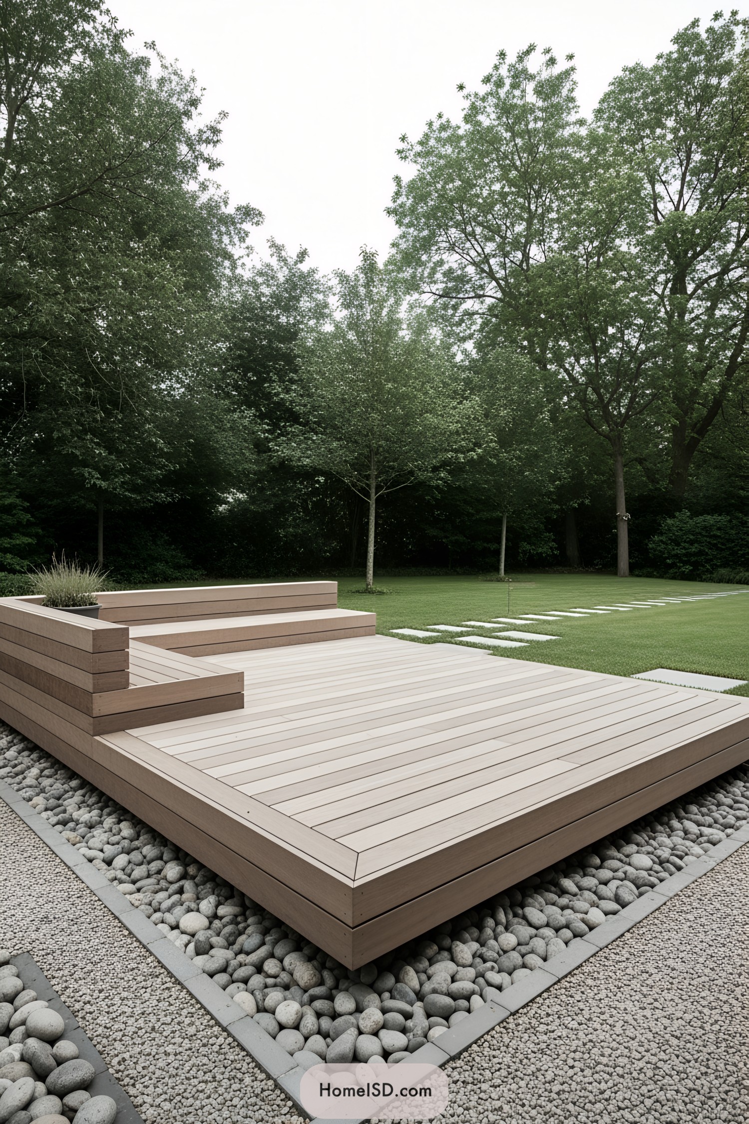 Wooden deck with built-in seating surrounded by greenery
