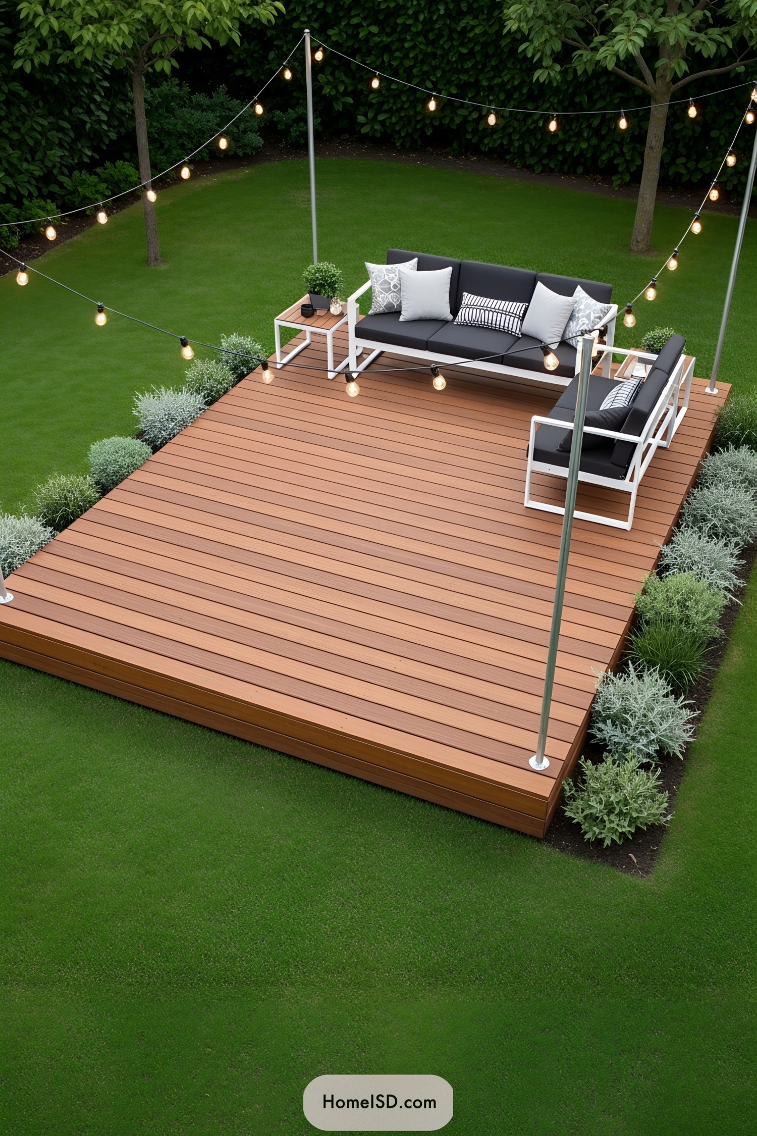 Floating deck with cozy seating and string lights