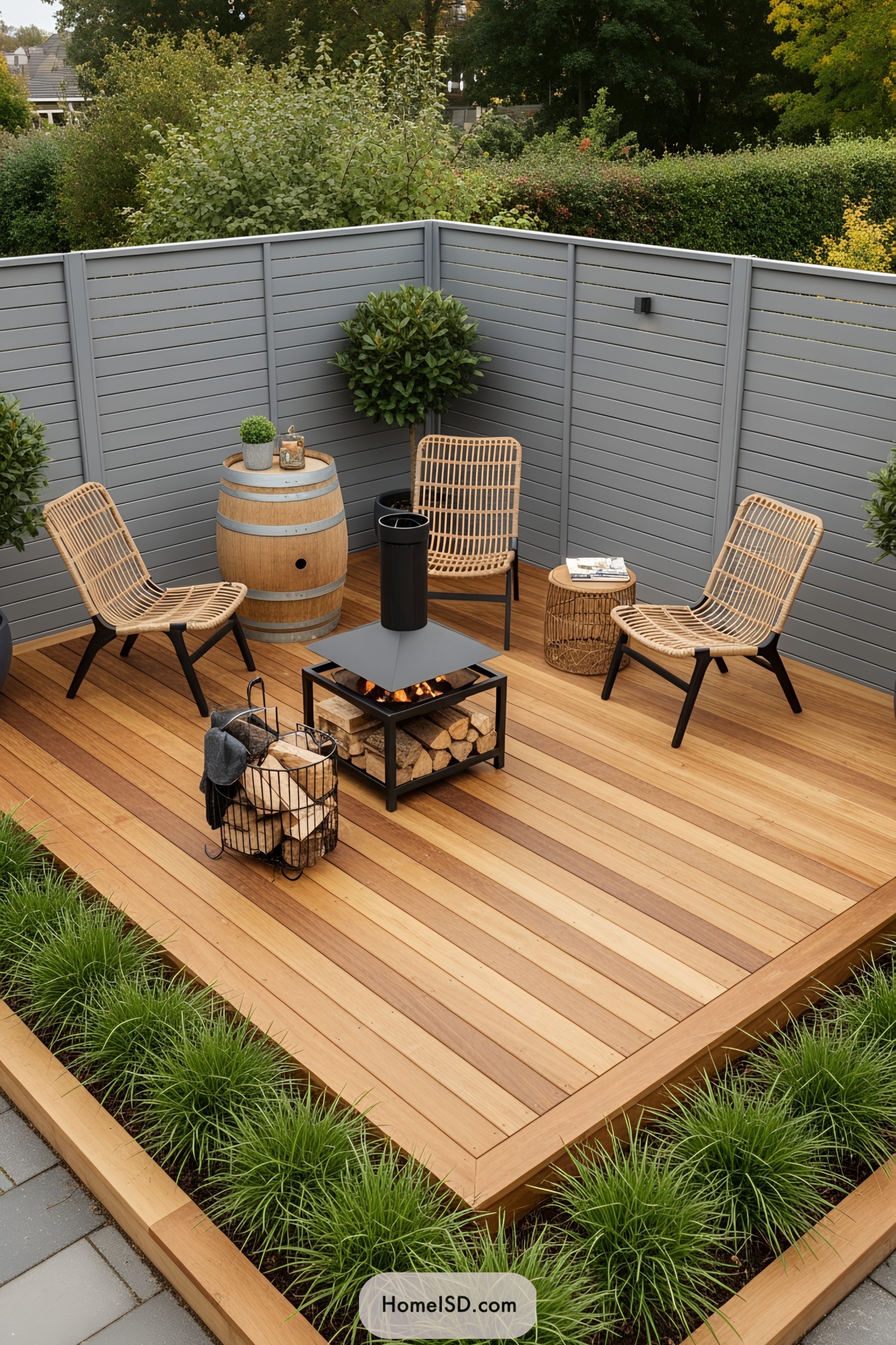 Wooden deck with wicker chairs and a fire pit