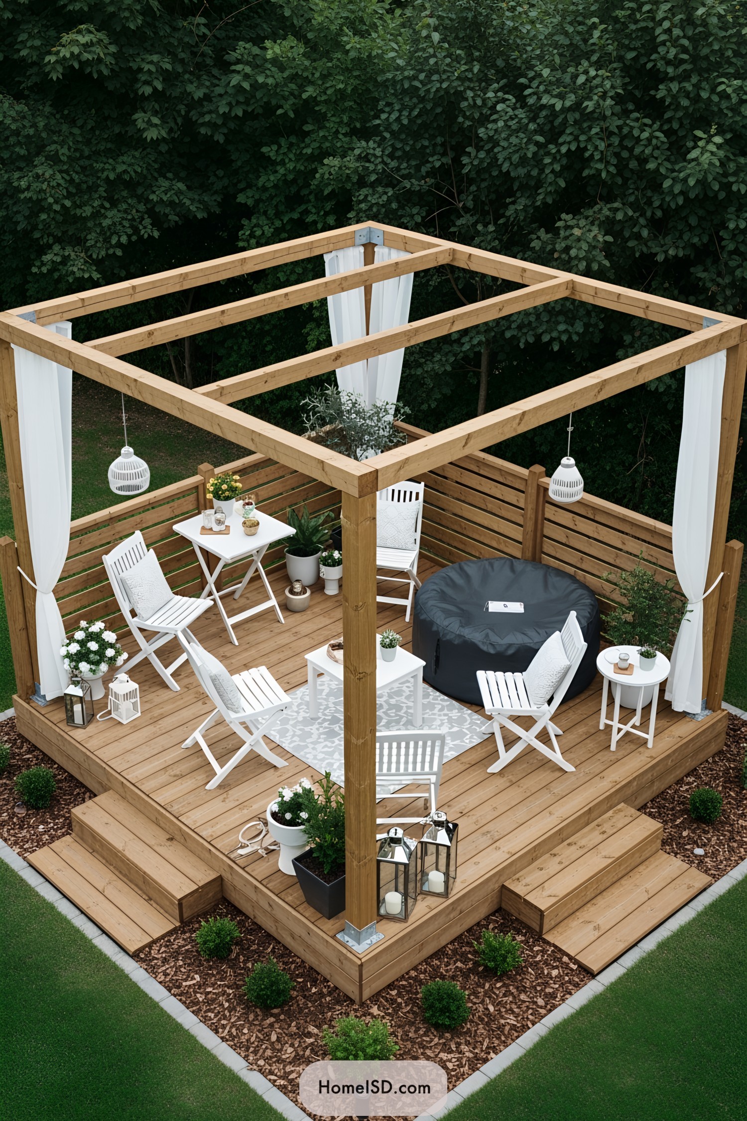 Chic outdoor deck with white decor and greenery