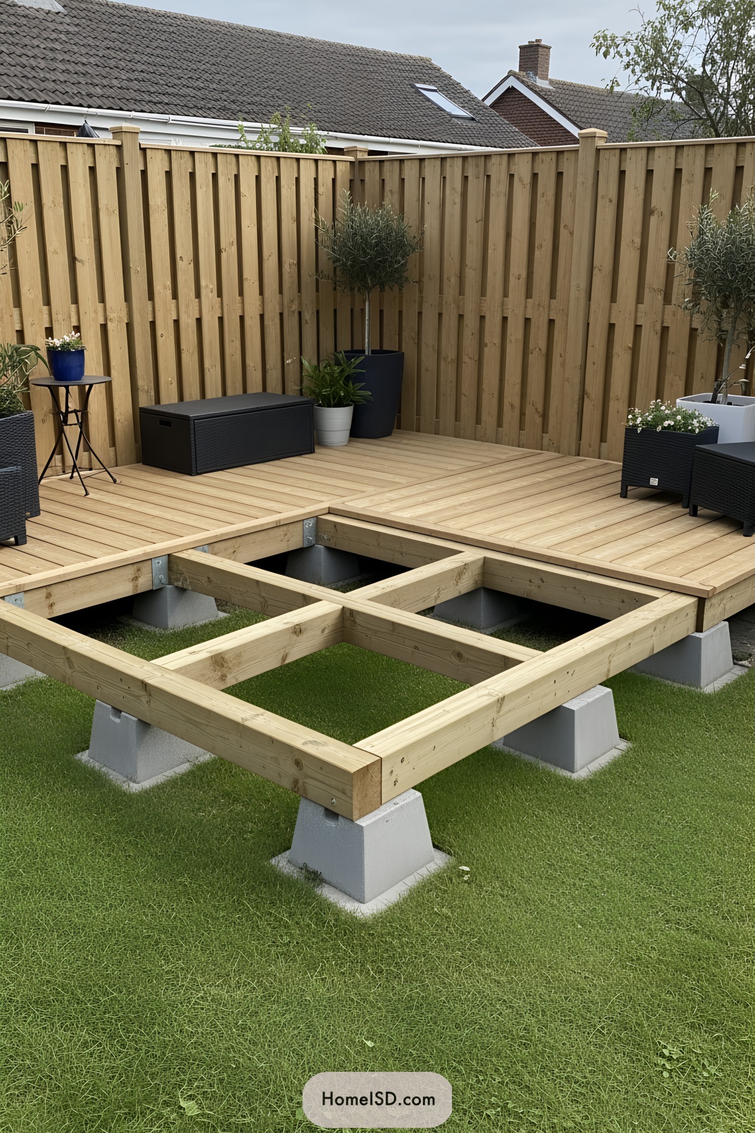 Wooden deck with seating and plants in a backyard