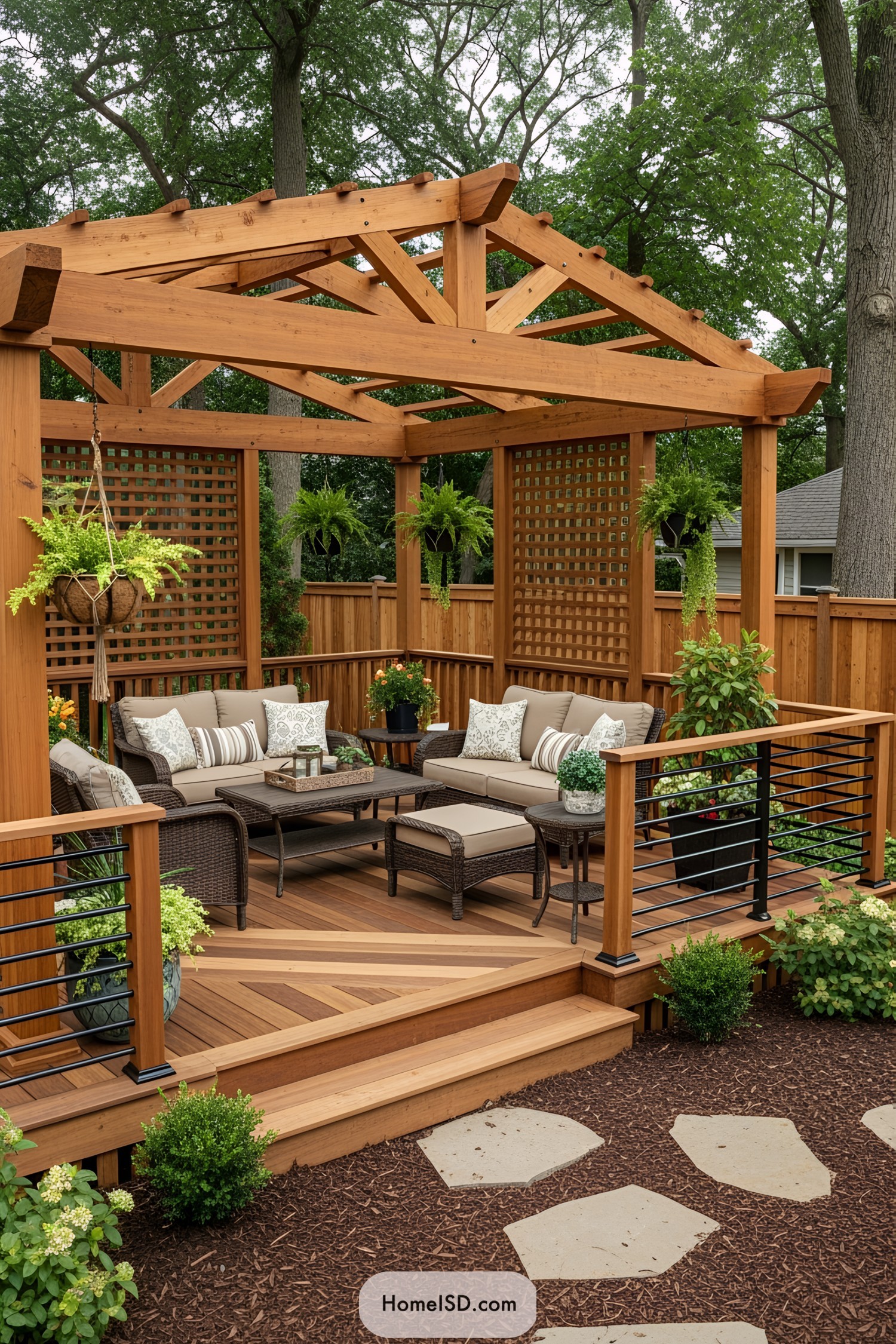 Cozy outdoor deck with pergola and seating