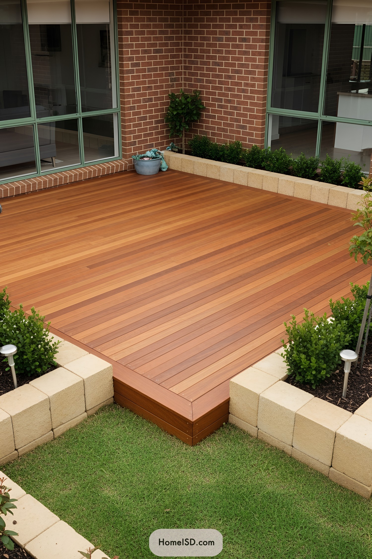 Wooden deck with lush greenery
