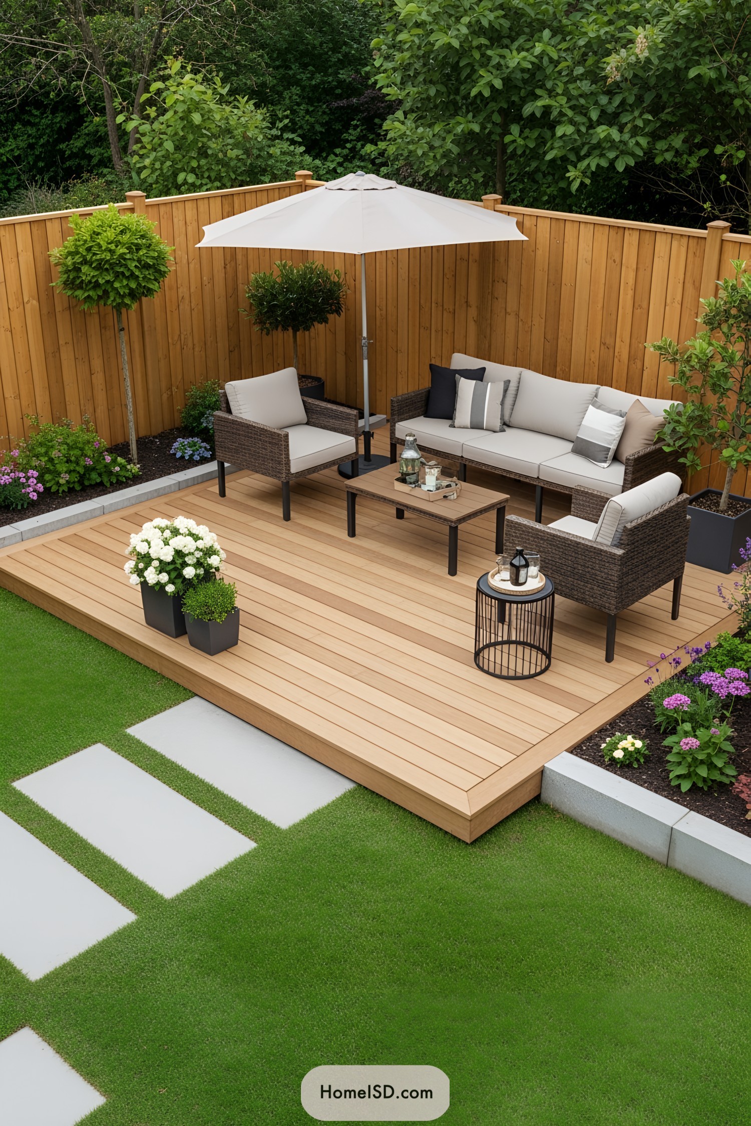 A charming deck with cozy seating and lush greenery