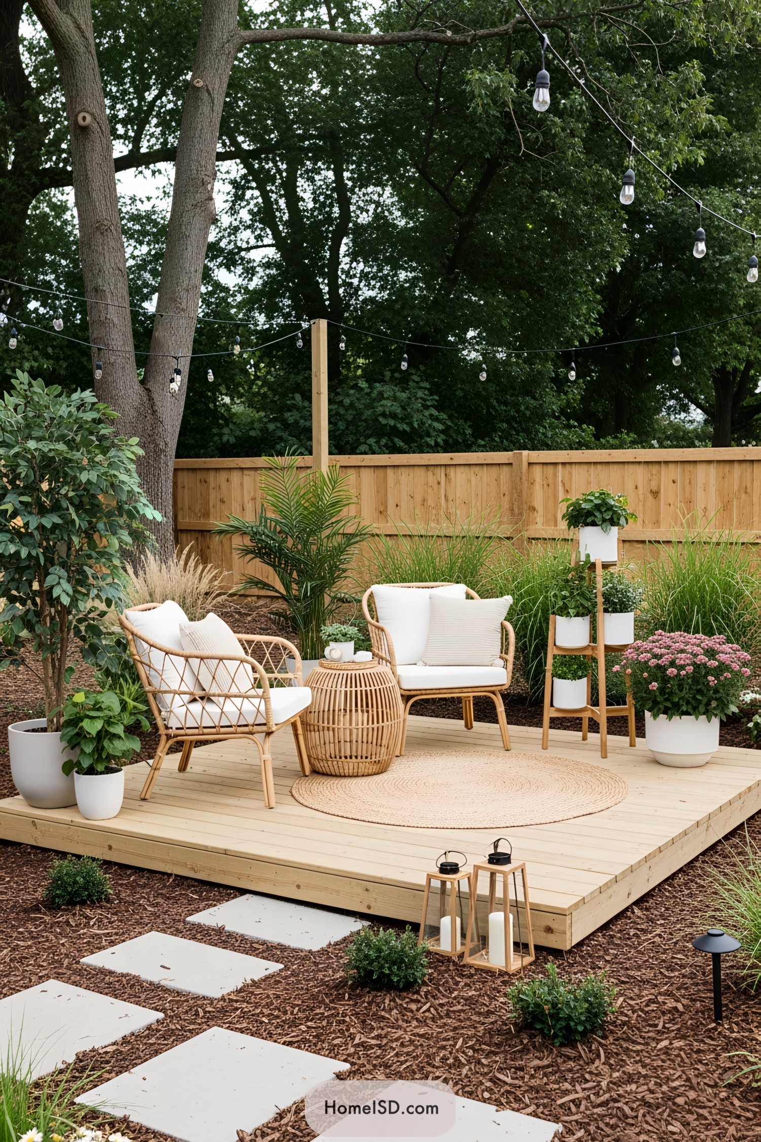 Floating deck with cozy seating and lush greenery