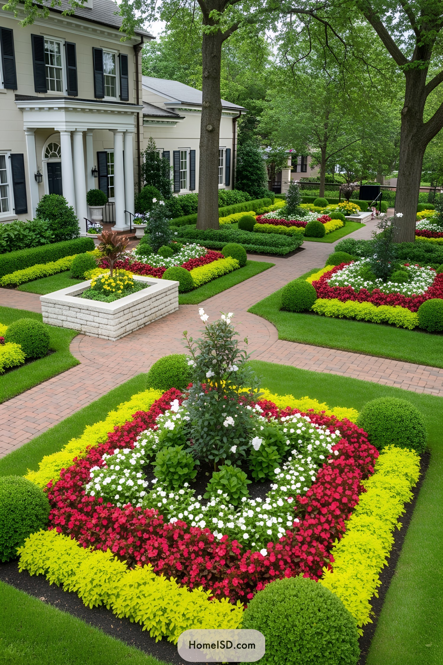 Colorful flower beds framing elegant walkways in a front garden