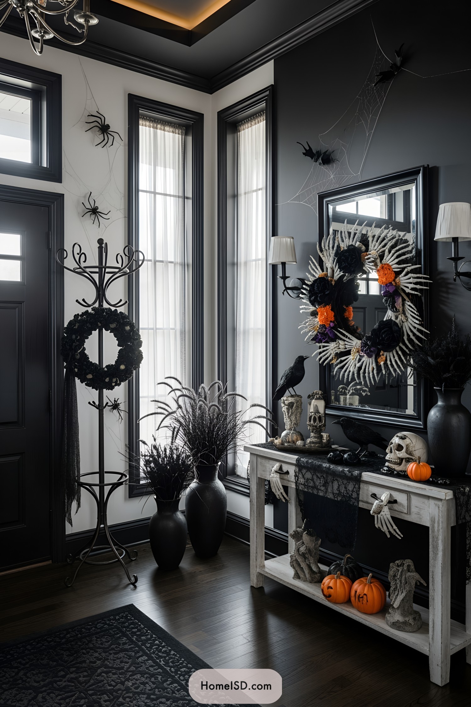 Halloween-themed entryway with spooky decor and wreaths