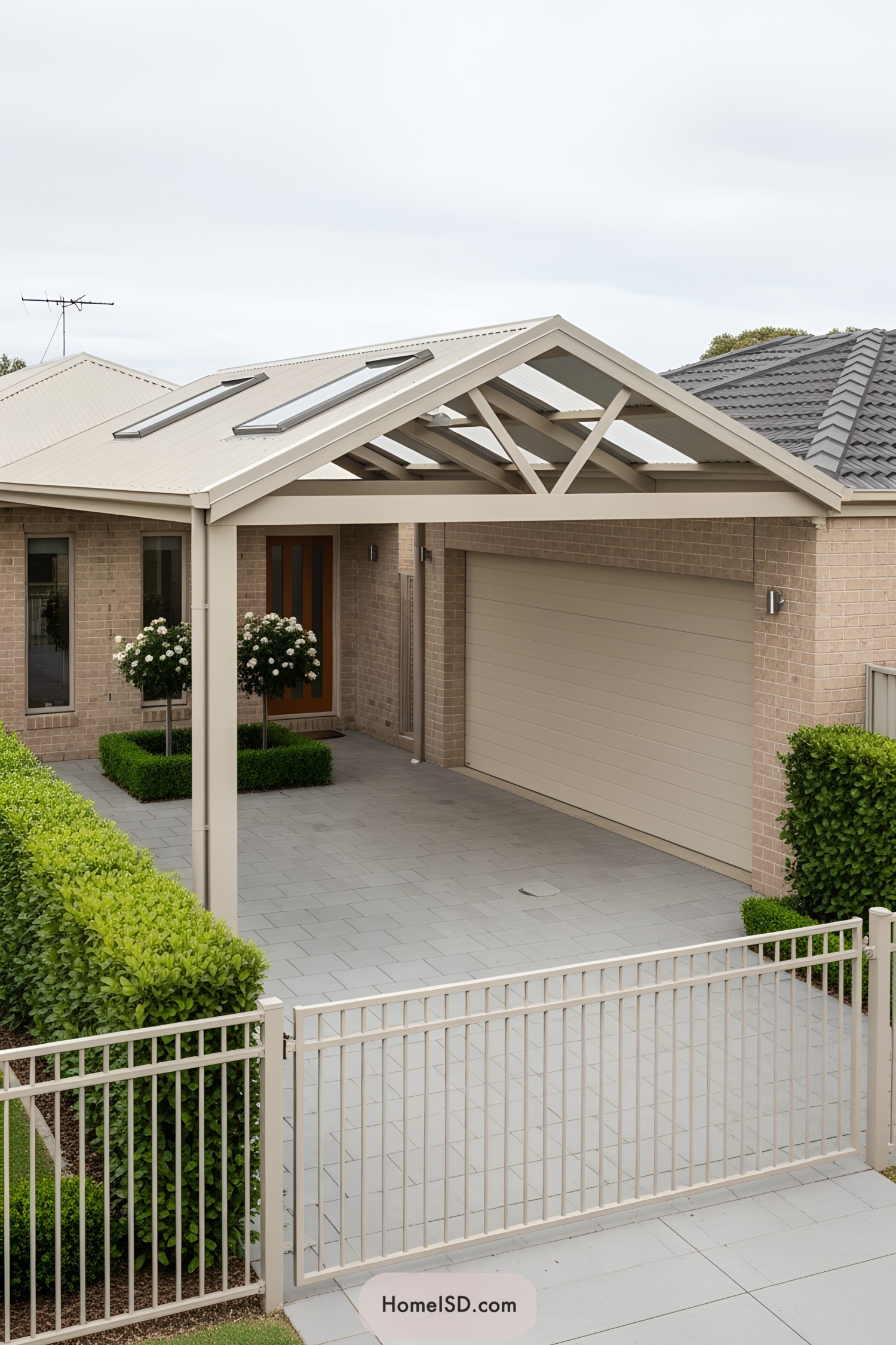 Front carport outdoor area with a modern suburban aesthetic, neutral beige and cream color theme, pitched metal roof with skylights, beige steel posts, textured brick walls of the house, cream garage door, light gray concrete paving, and light metallic fencing. Manicured hedges line the driveway, with neatly trimmed lawns and small flowering shrubs near the entrance, providing a tidy and welcoming garden feel. Minimalist design with functional layout and subtle landscaping elements.