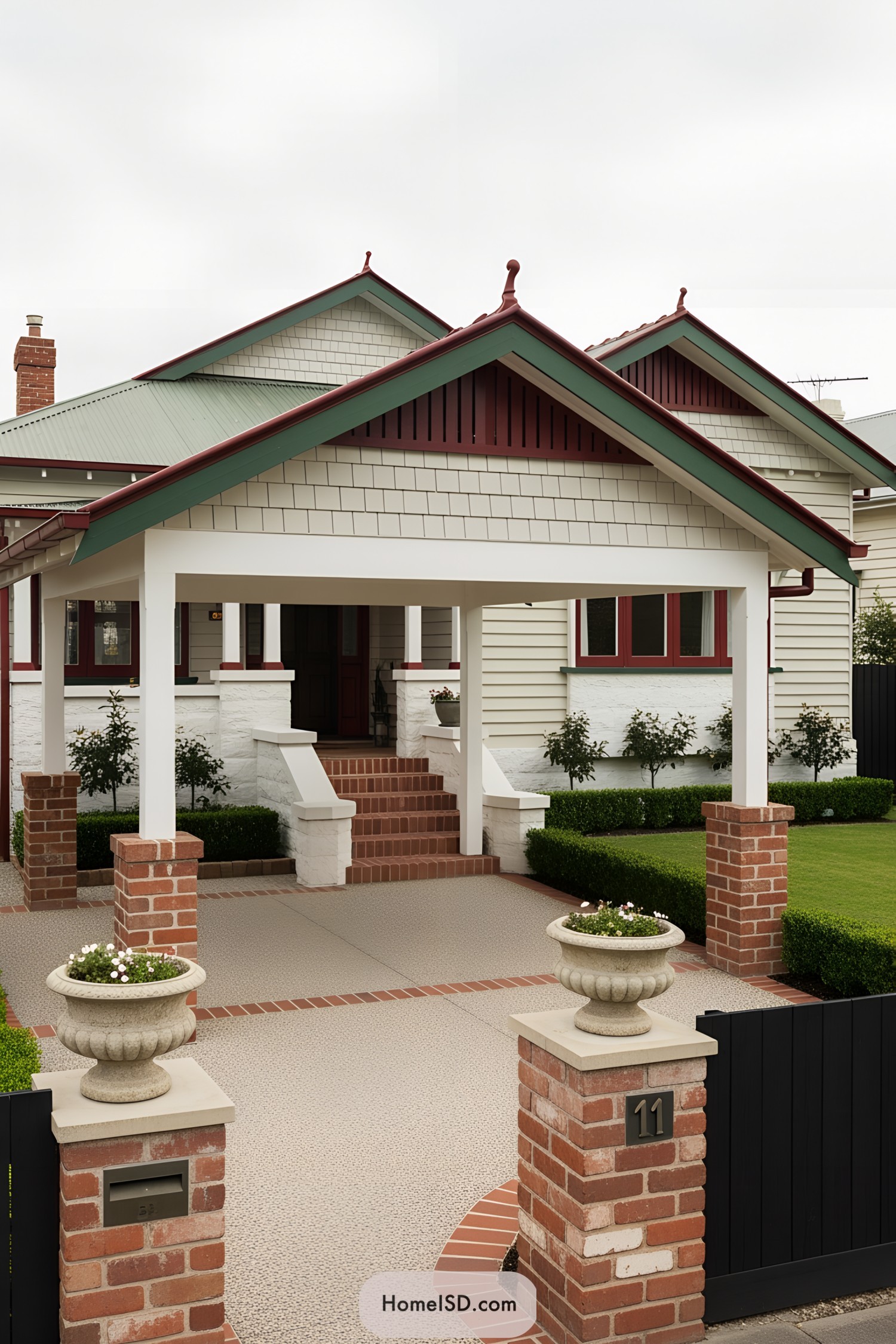 Charming house with red brick pillars and greenery