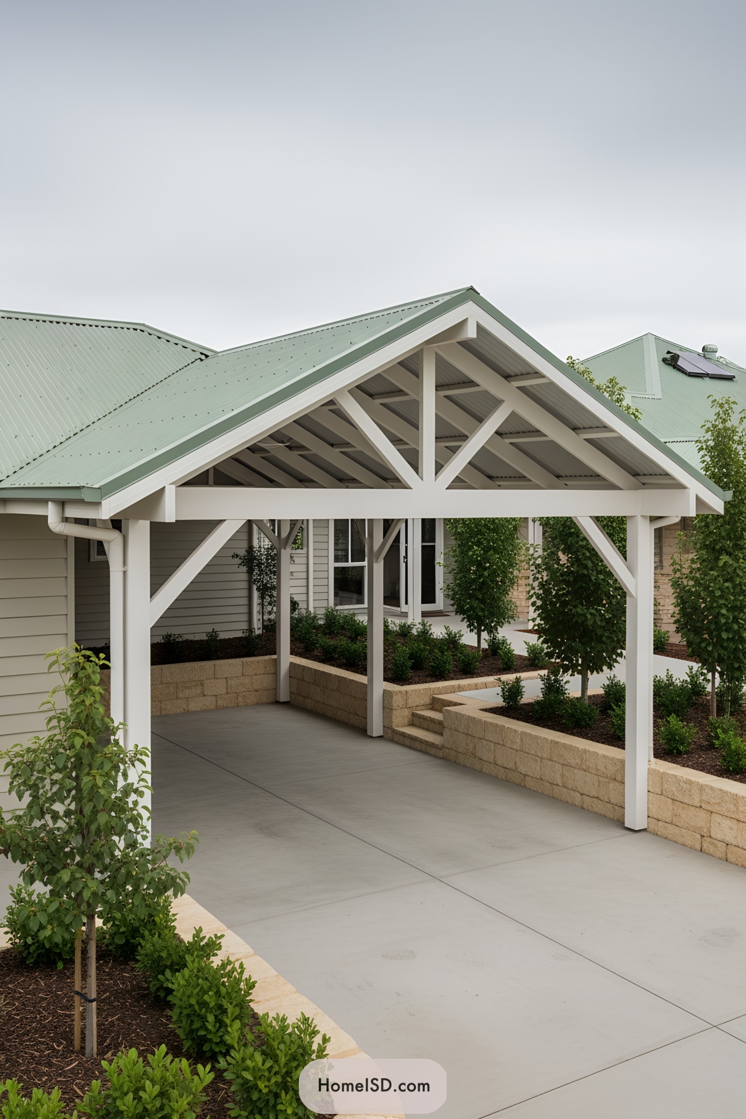 Elegant carport with white beams and green roof