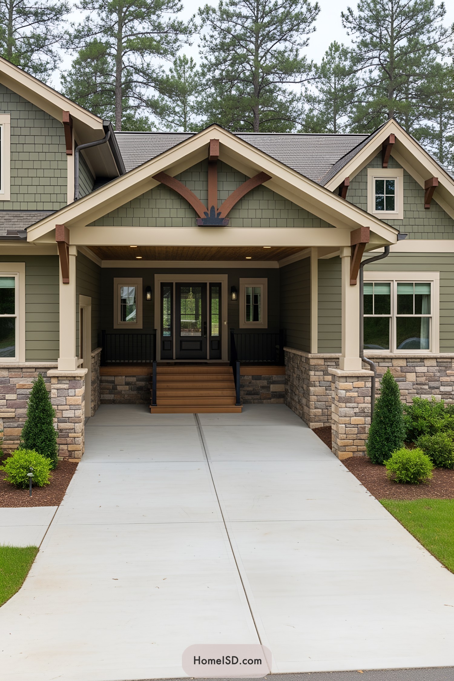Front carport with decorative beams and stone accents