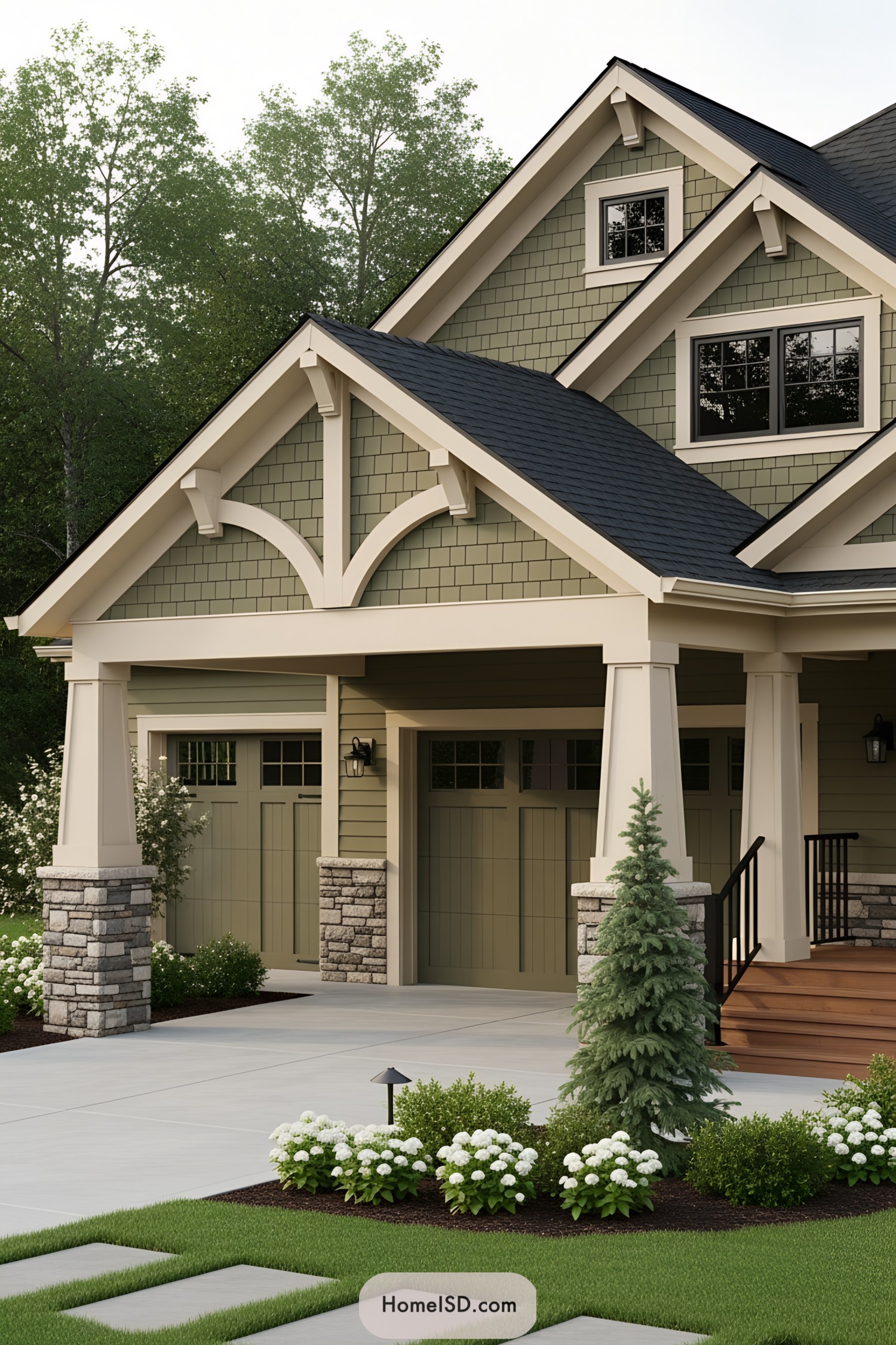 Charming carport attached to a cottage-style house with lush landscaping