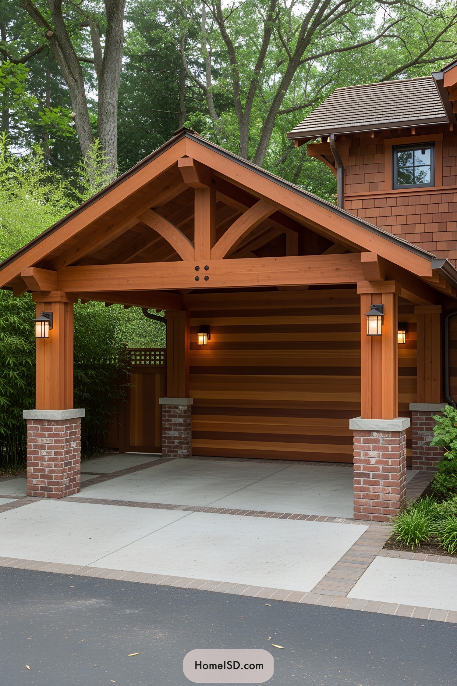 Stylish wooden carport with brick columns