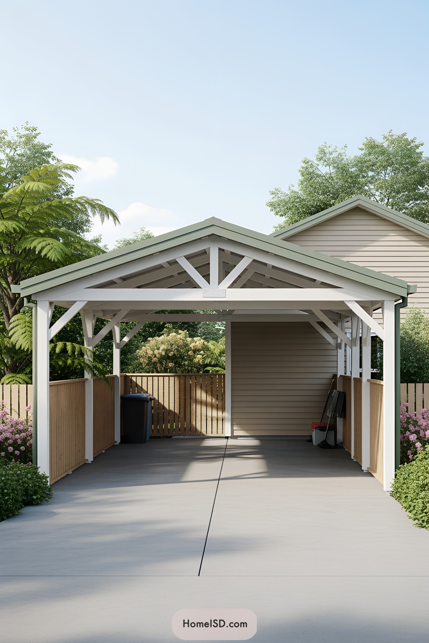 Open carport with white wooden beams and a gabled roof