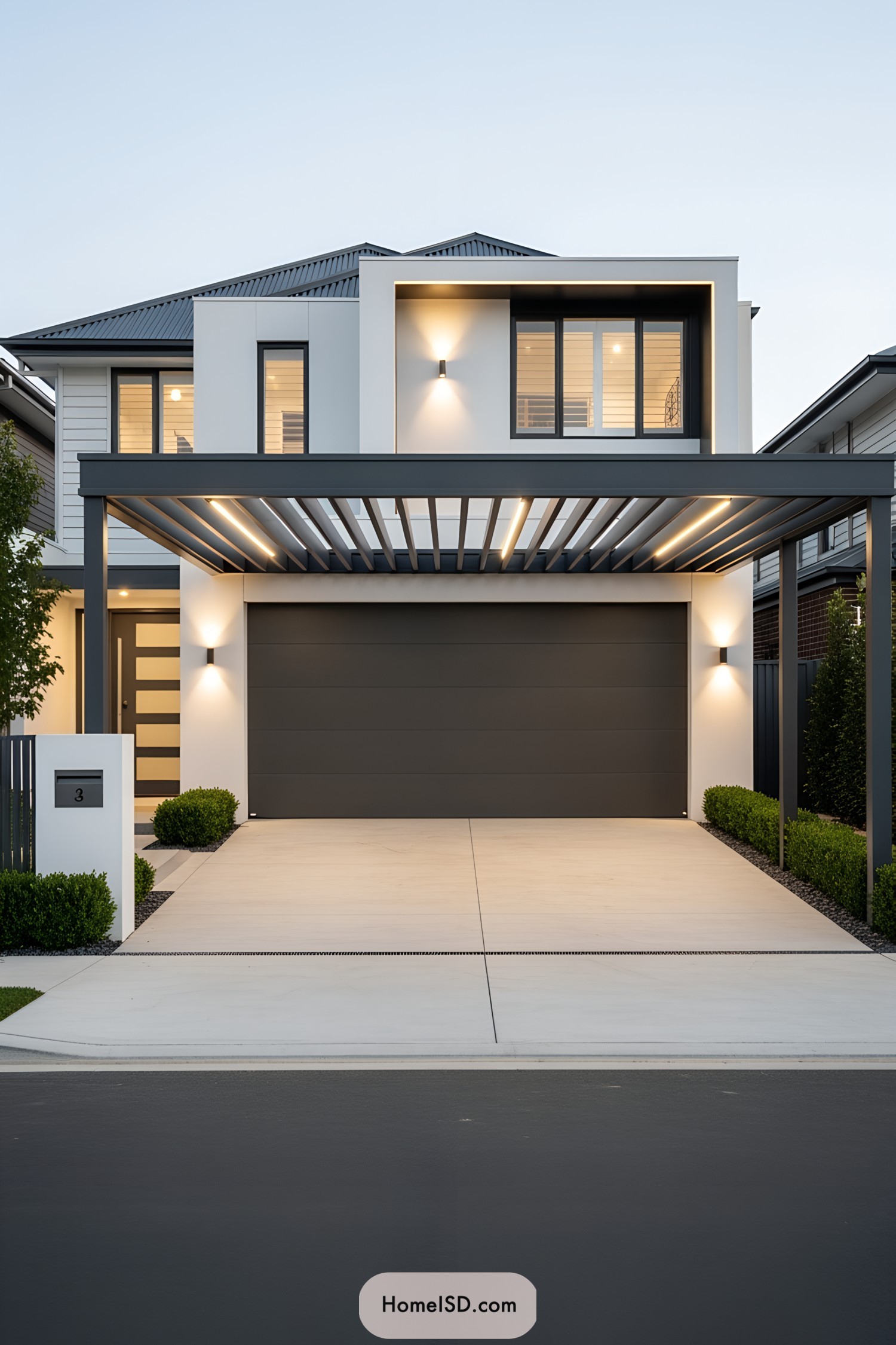 Front view of a modern carport with sleek lines and ambient lighting