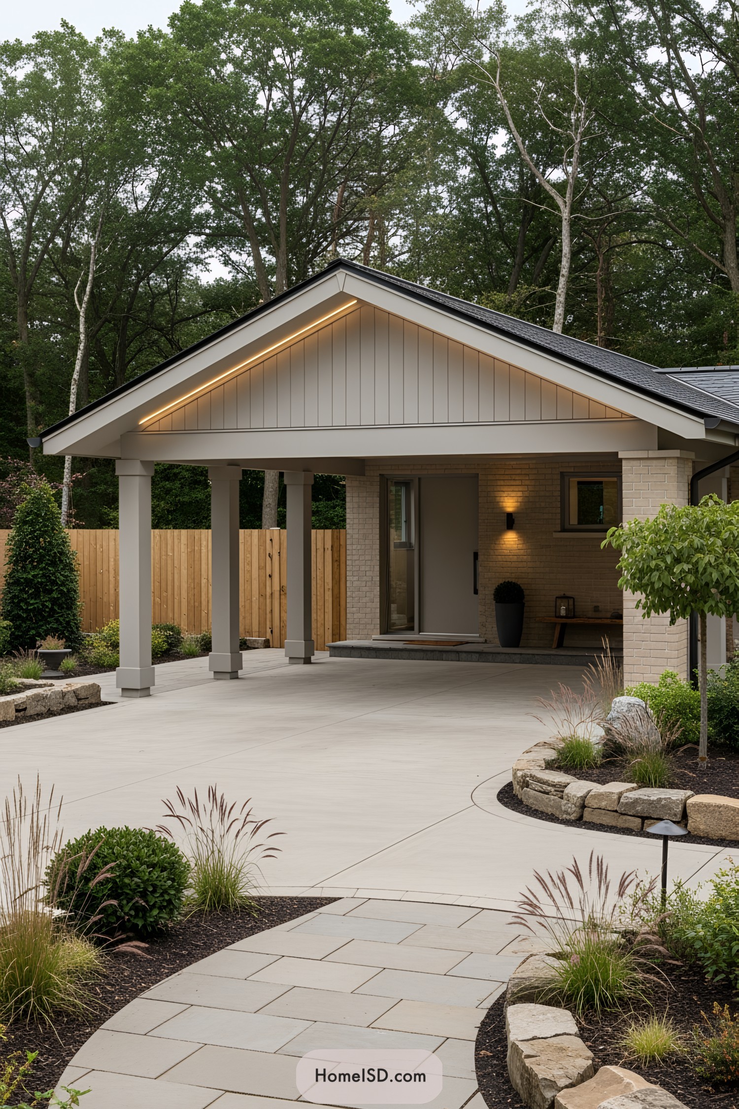 Modern carport with wooden accents and garden