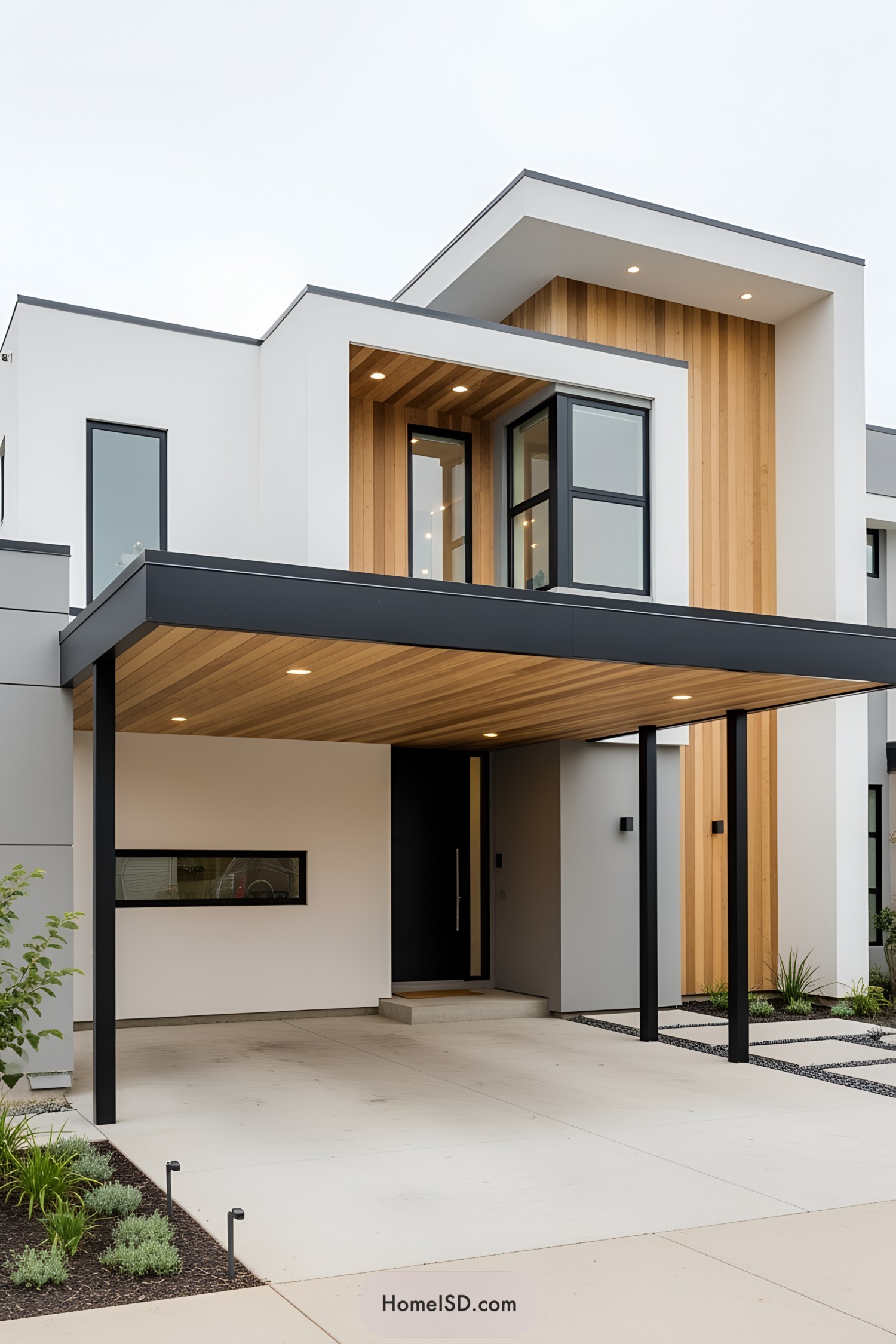 Modern carport with sleek design and wooden accents