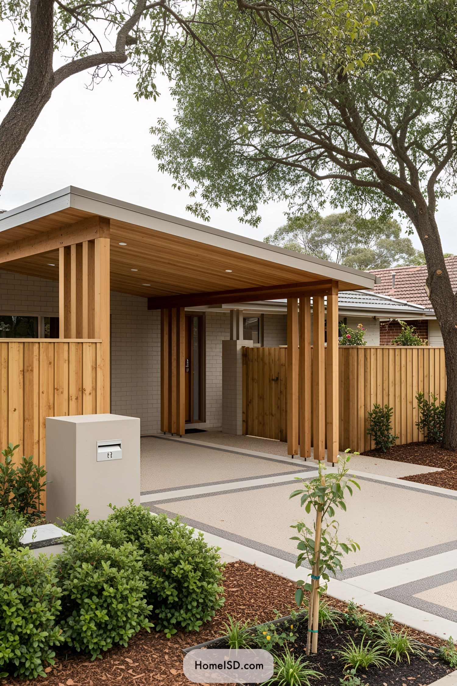 Wooden carport with lush greenery