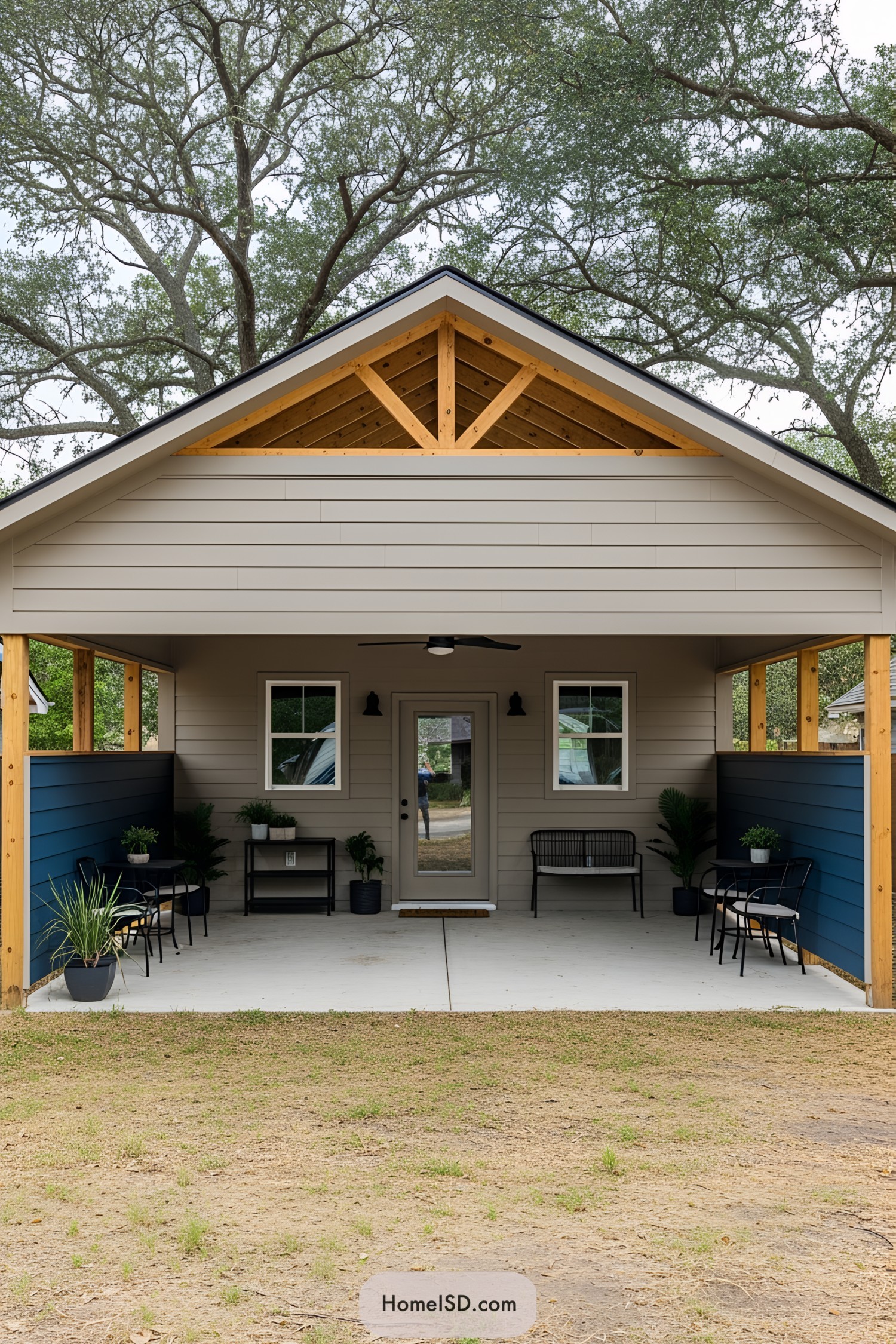 Modern carport with seating and plants