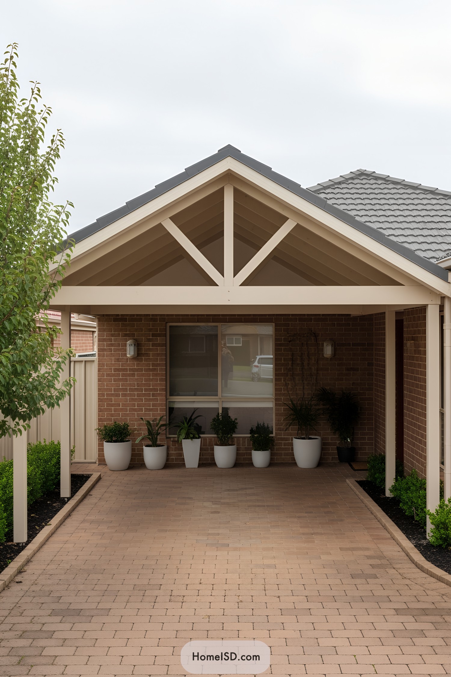 A stylish carport with potted plants and a gabled roof