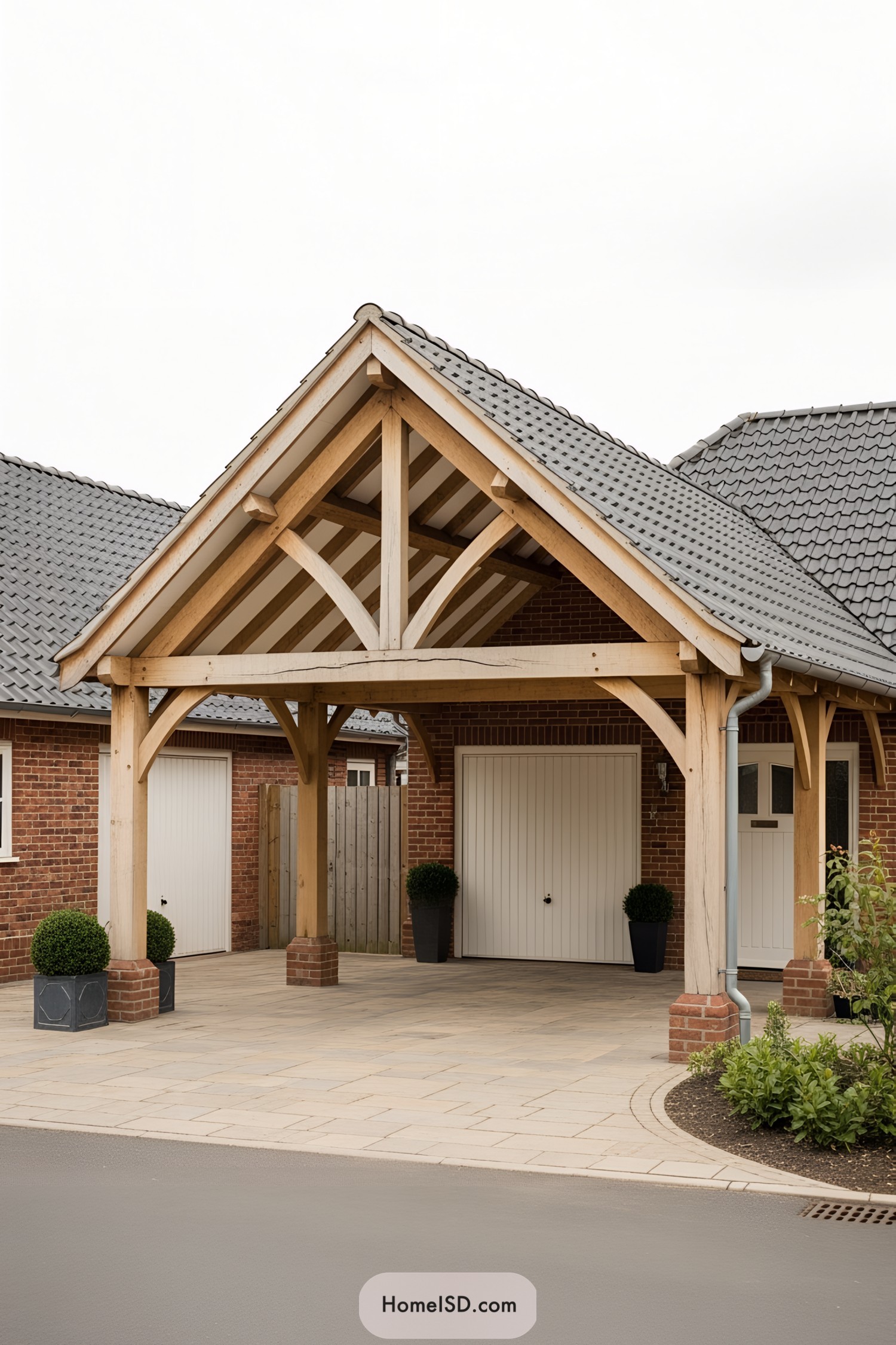 Wooden carport with pitched roof and brick accents