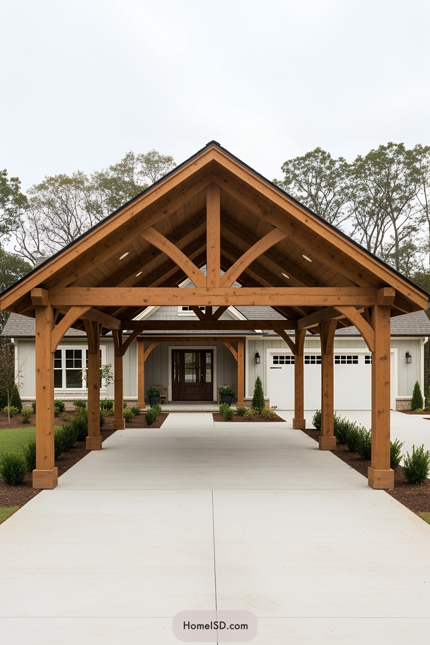 Expansive wooden carport with a gabled roof