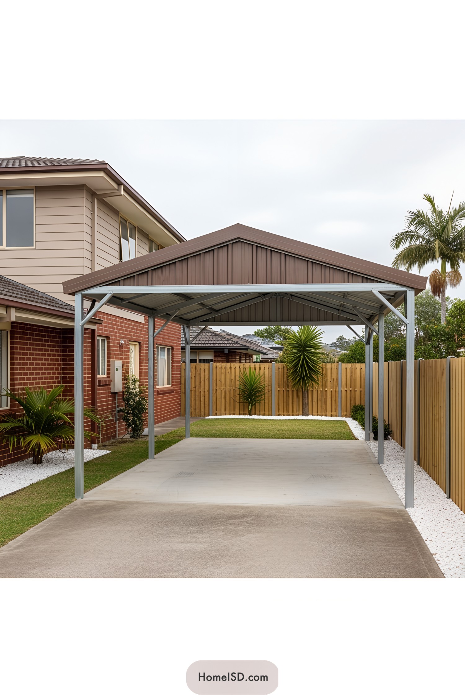 Modern carport with metal roof next to a house