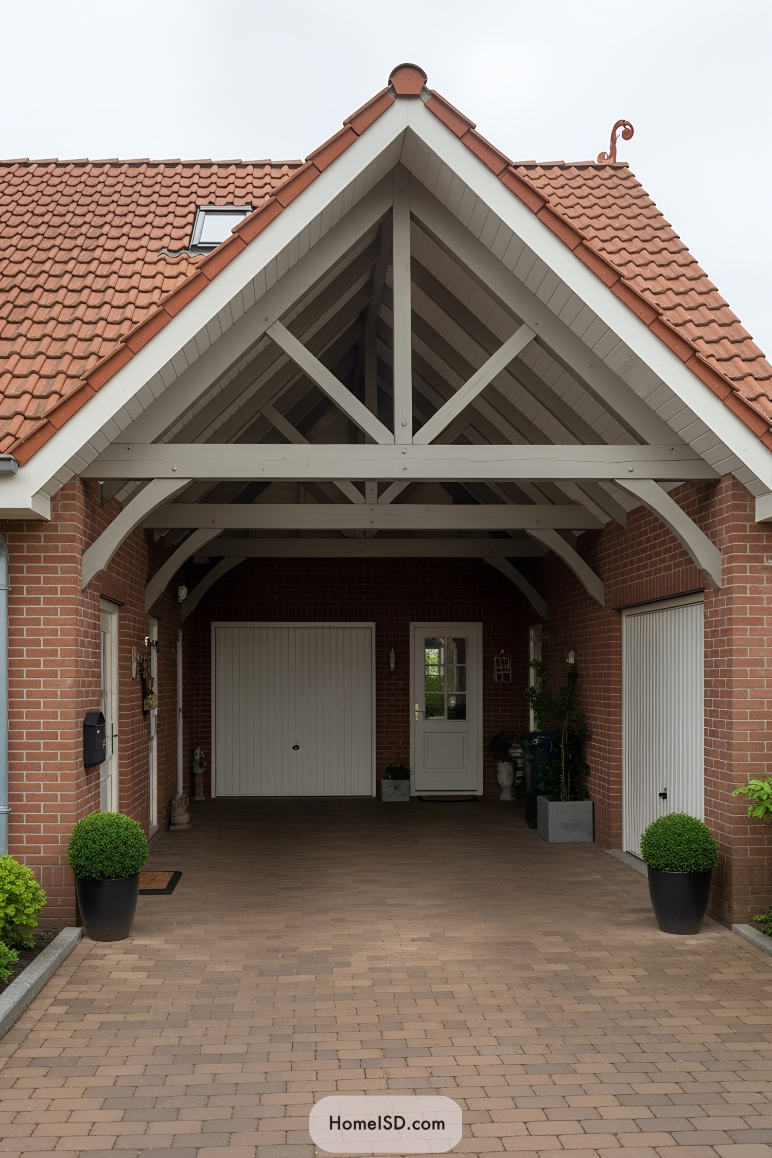 Gable-roofed carport with brick walls and symmetrical design