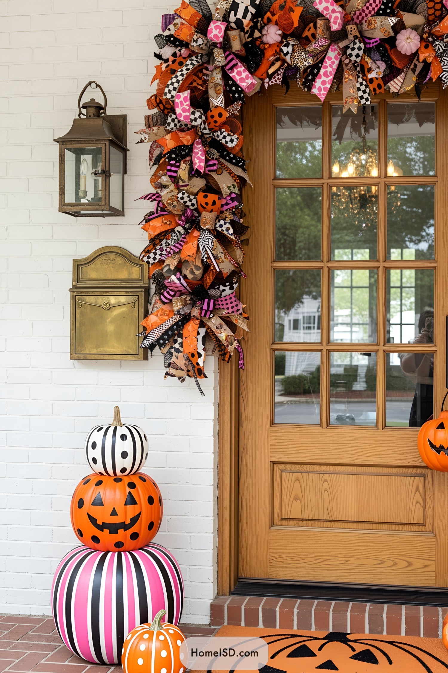Festive Halloween garland with stacked pumpkins by the door