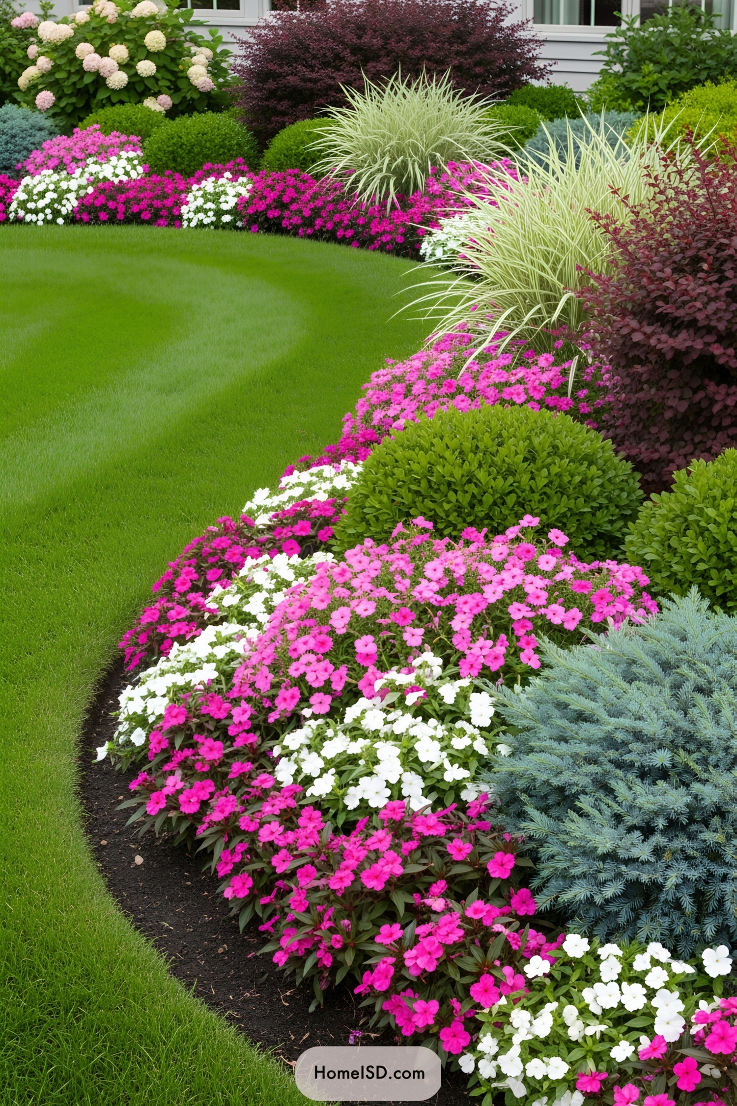 Colorful flower bed with lush green grass